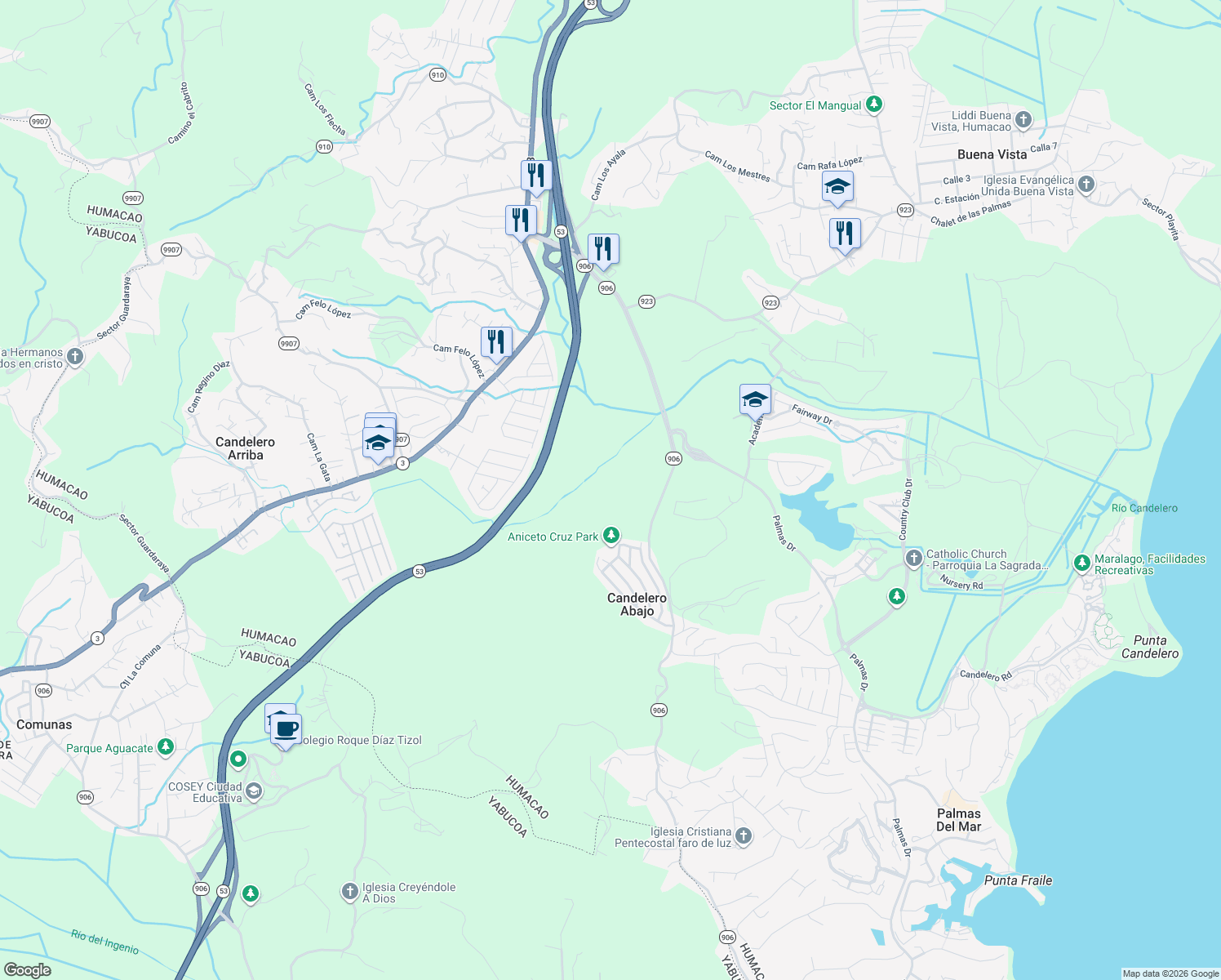 map of restaurants, bars, coffee shops, grocery stores, and more near in Palmas del Mar