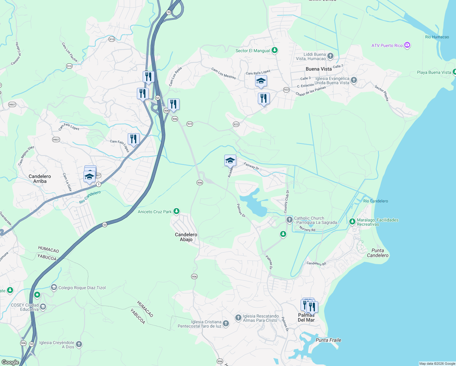 map of restaurants, bars, coffee shops, grocery stores, and more near Academy Drive in Humacao