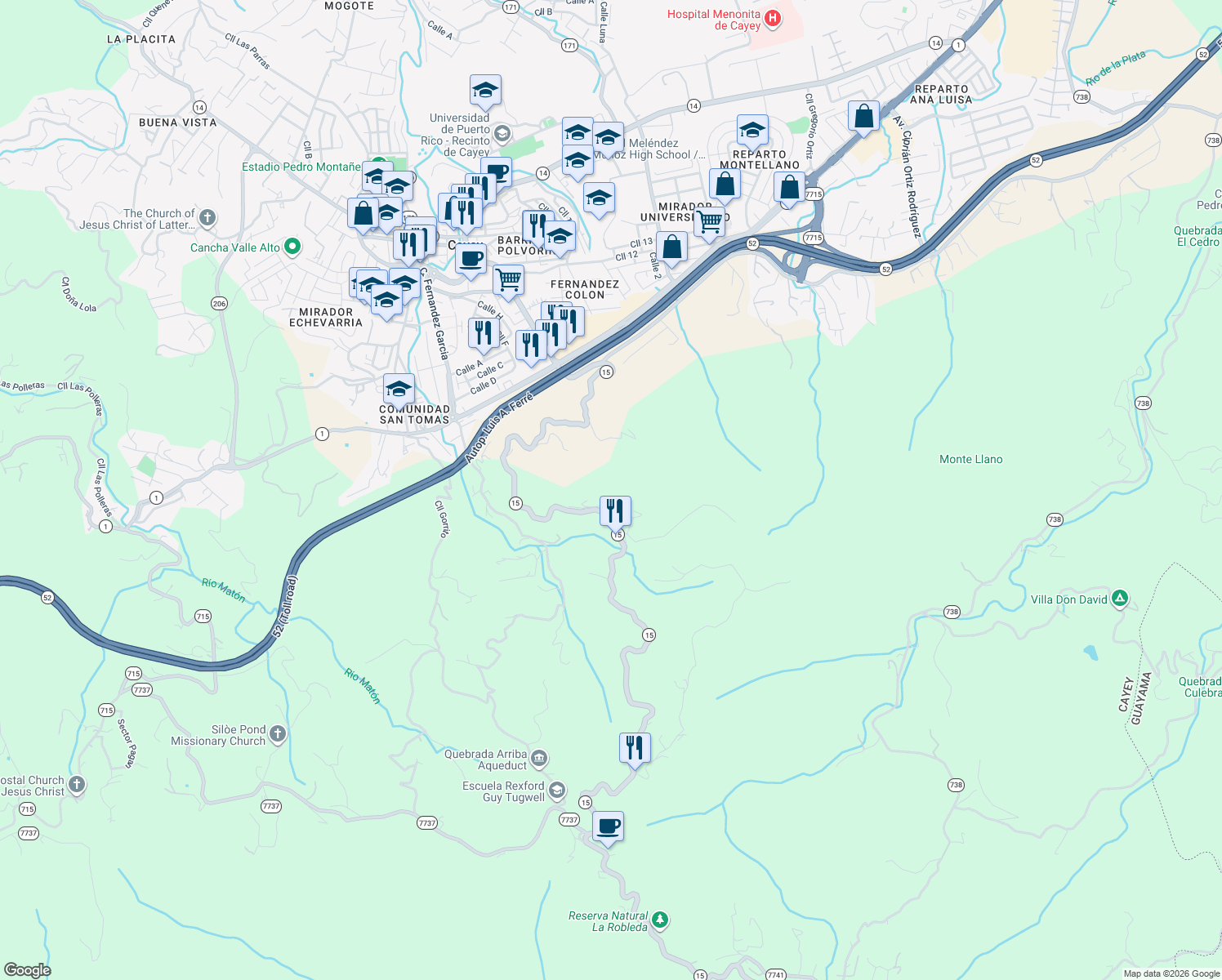 map of restaurants, bars, coffee shops, grocery stores, and more near in Cayey