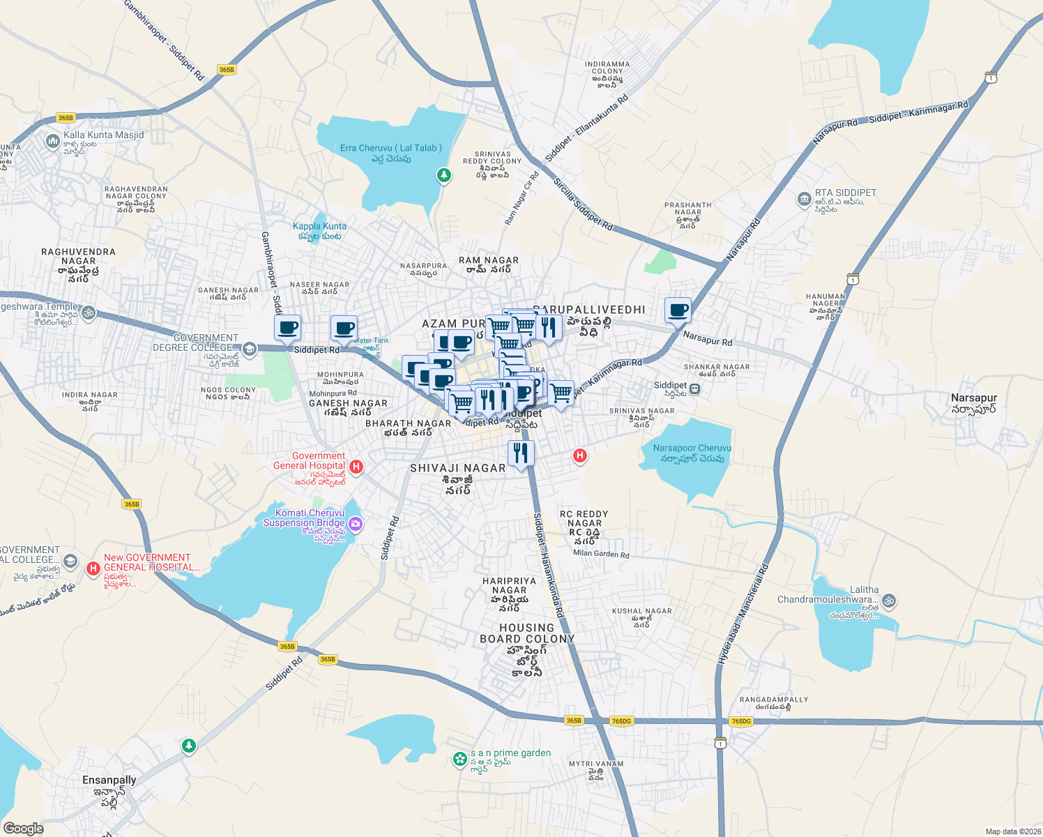 map of restaurants, bars, coffee shops, grocery stores, and more near in Siddipet