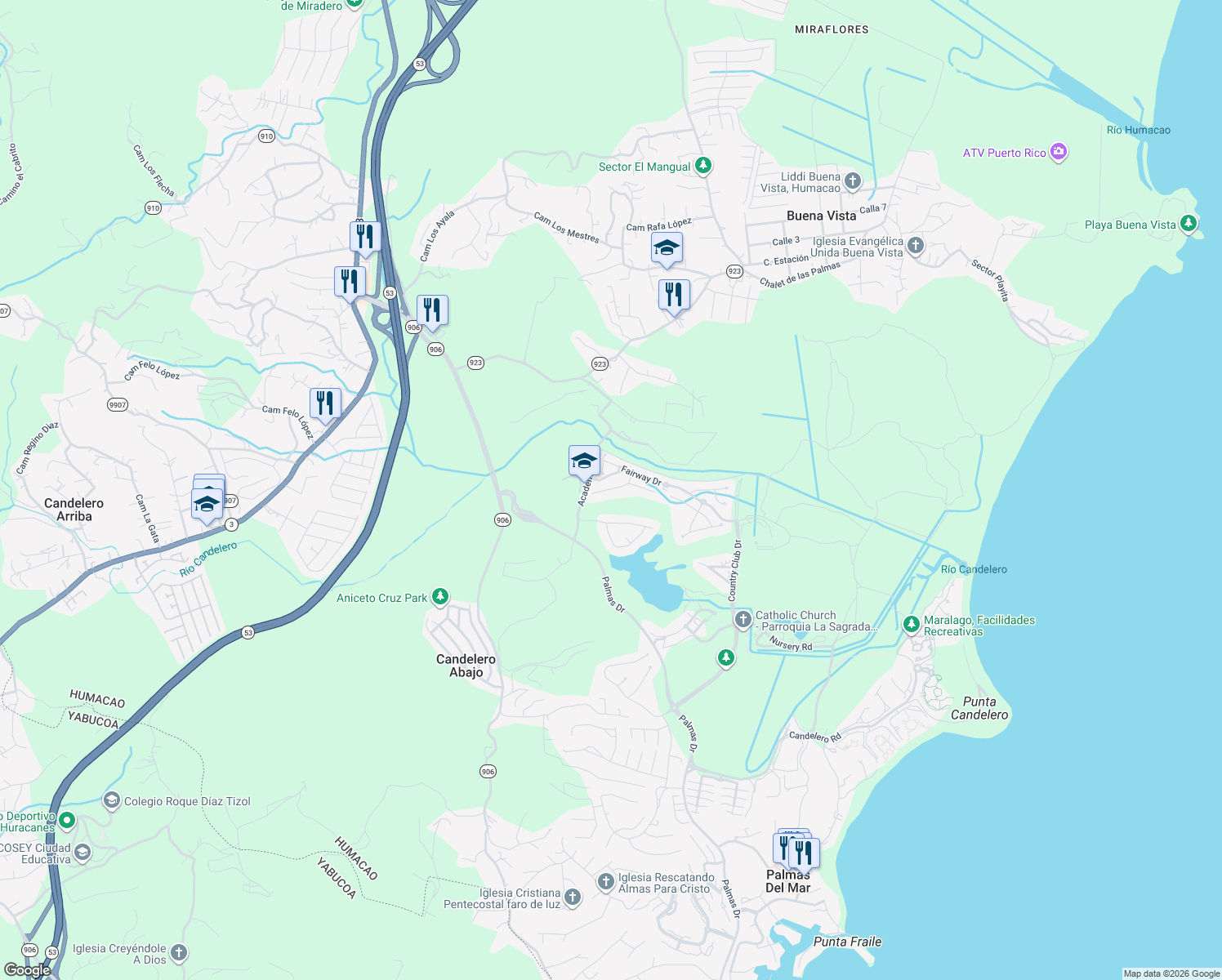 map of restaurants, bars, coffee shops, grocery stores, and more near Wood Lane in Humacao