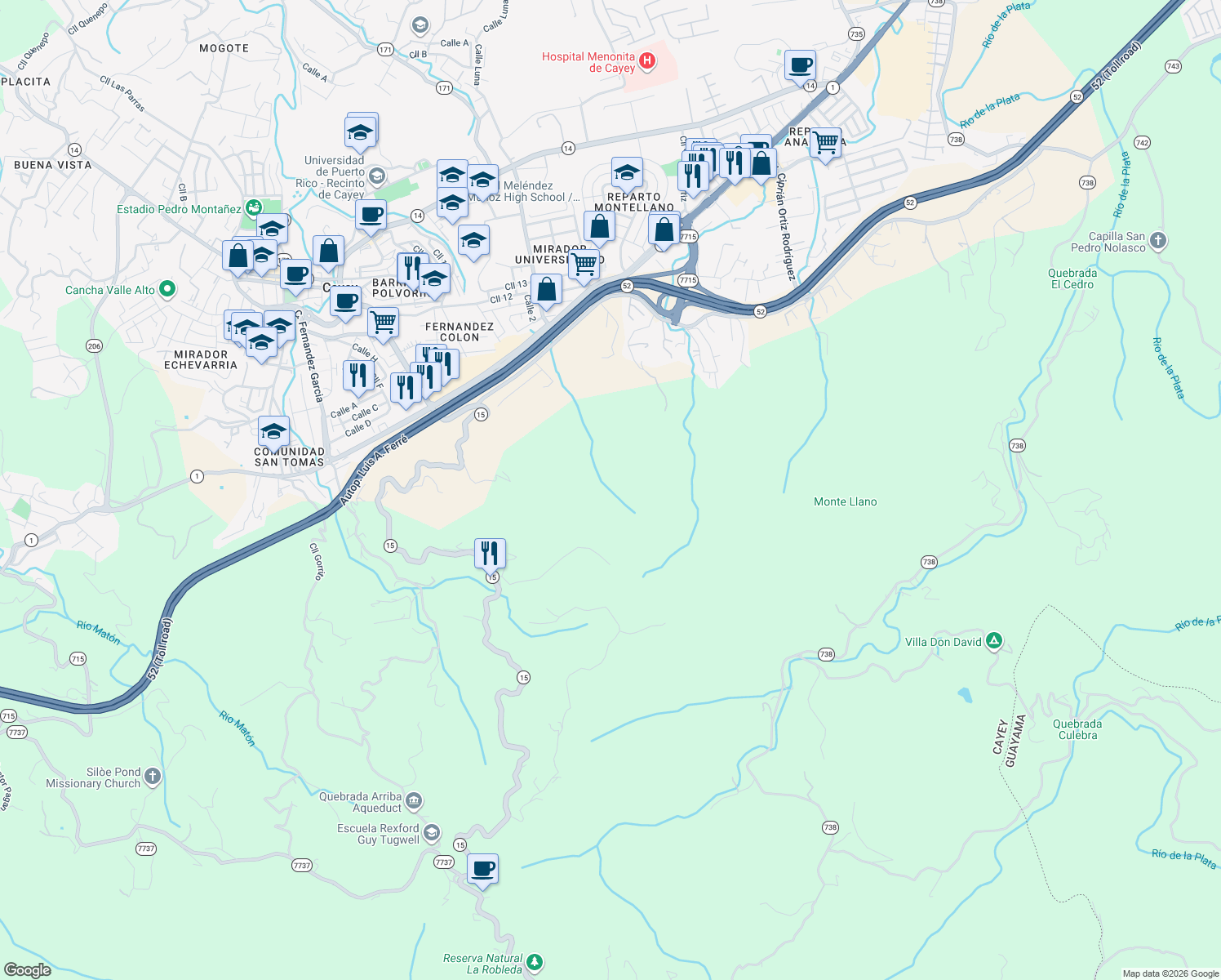 map of restaurants, bars, coffee shops, grocery stores, and more near Puerto Rico 15 in Cayey