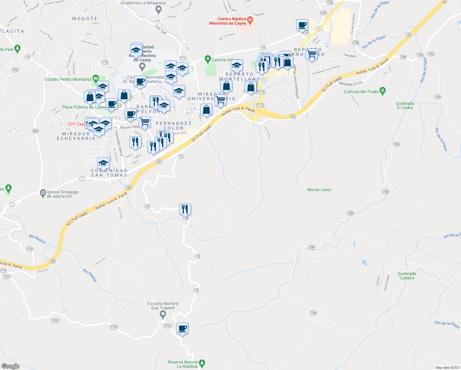 map of restaurants, bars, coffee shops, grocery stores, and more near Puerto Rico 15 in Cayey