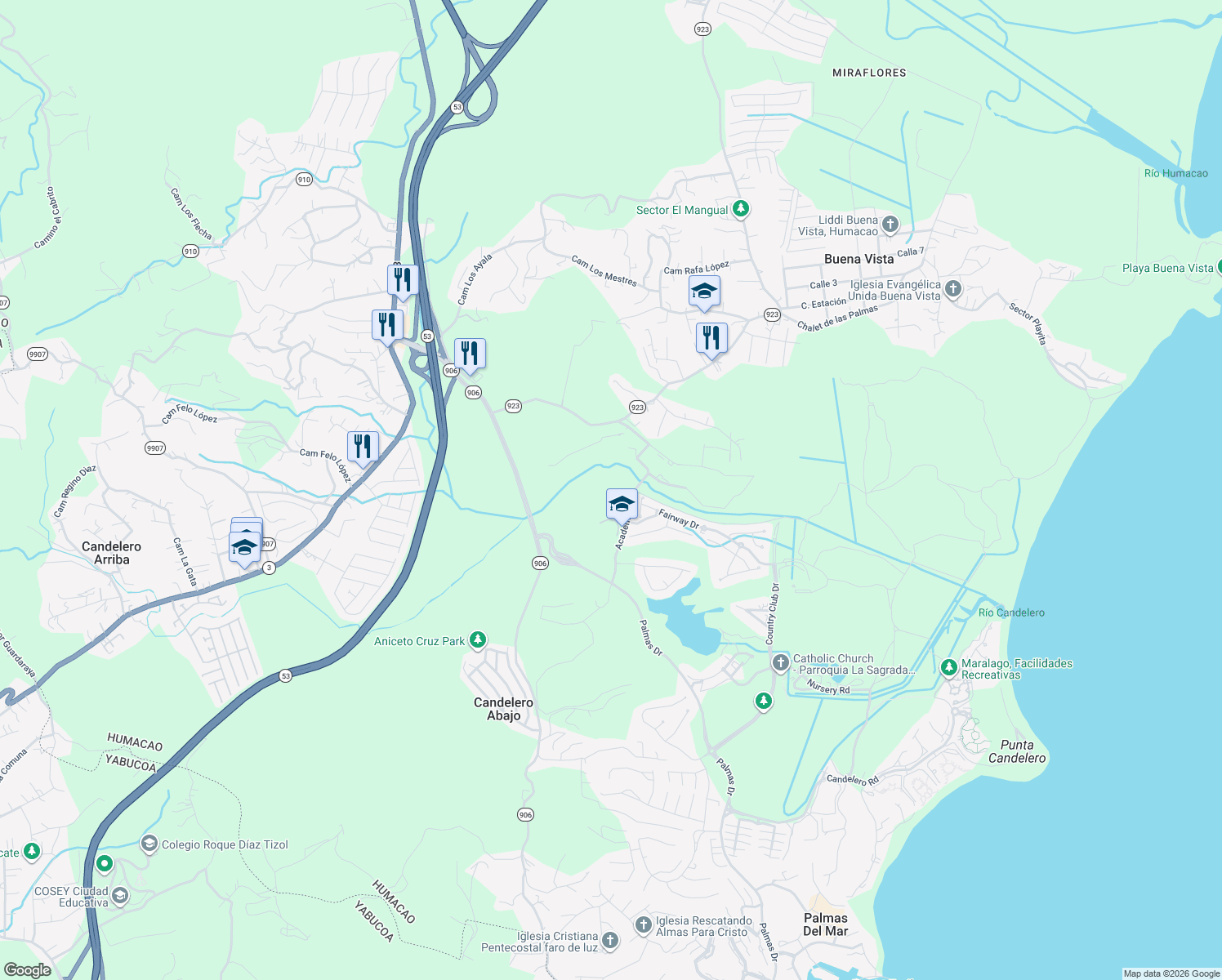 map of restaurants, bars, coffee shops, grocery stores, and more near Academy Drive in Humacao