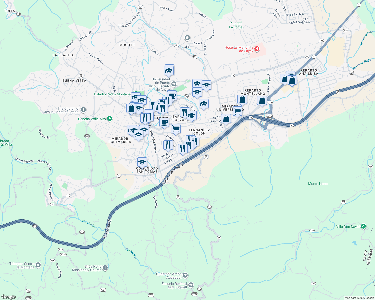 map of restaurants, bars, coffee shops, grocery stores, and more near Puerto Rico 15 in Cayey