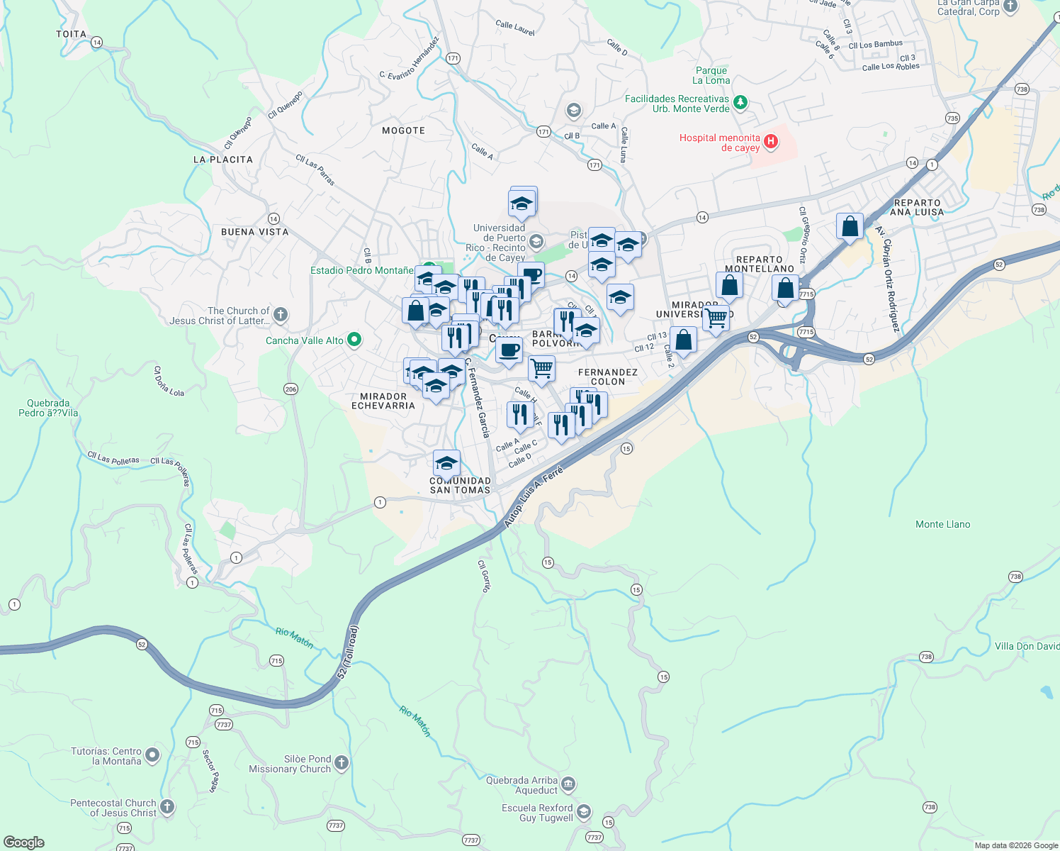 map of restaurants, bars, coffee shops, grocery stores, and more near 25 Calle A in Cayey