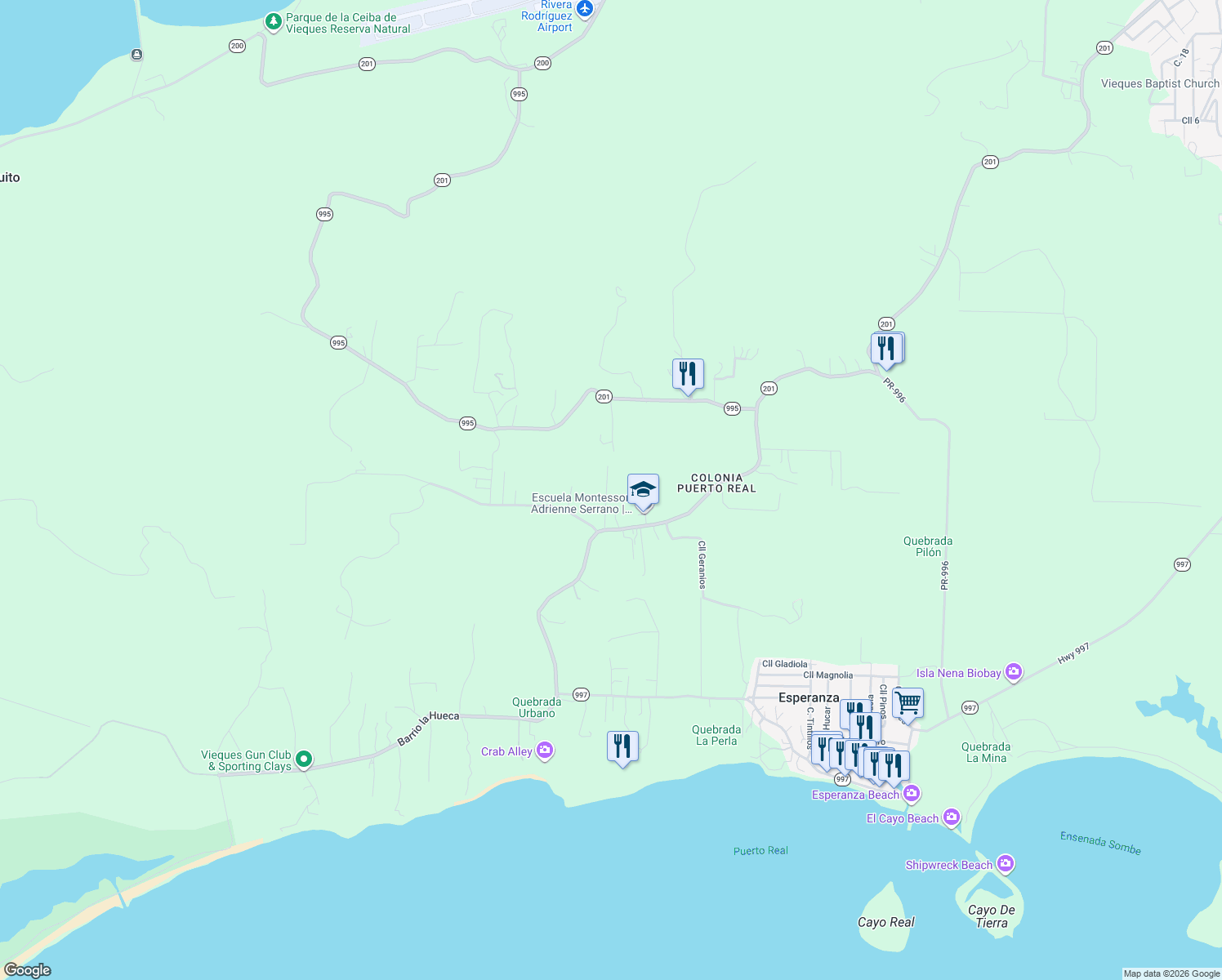 map of restaurants, bars, coffee shops, grocery stores, and more near Unnamed Road in Vieques