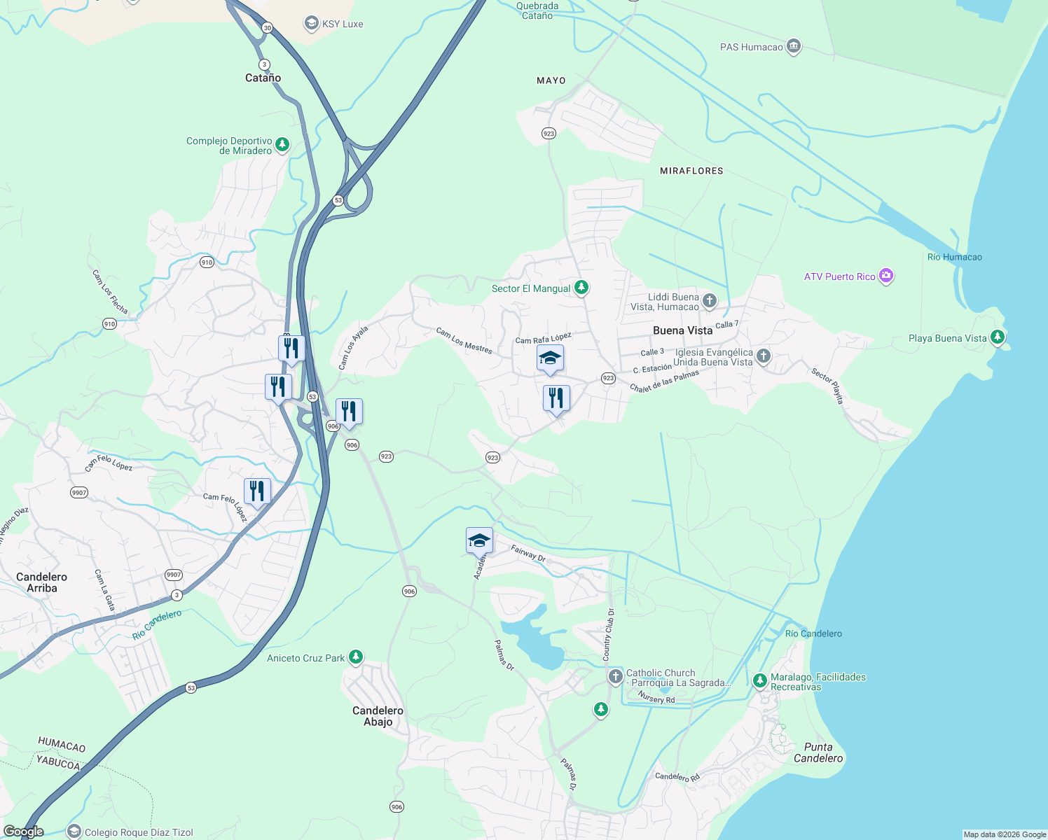 map of restaurants, bars, coffee shops, grocery stores, and more near in Buena Vista