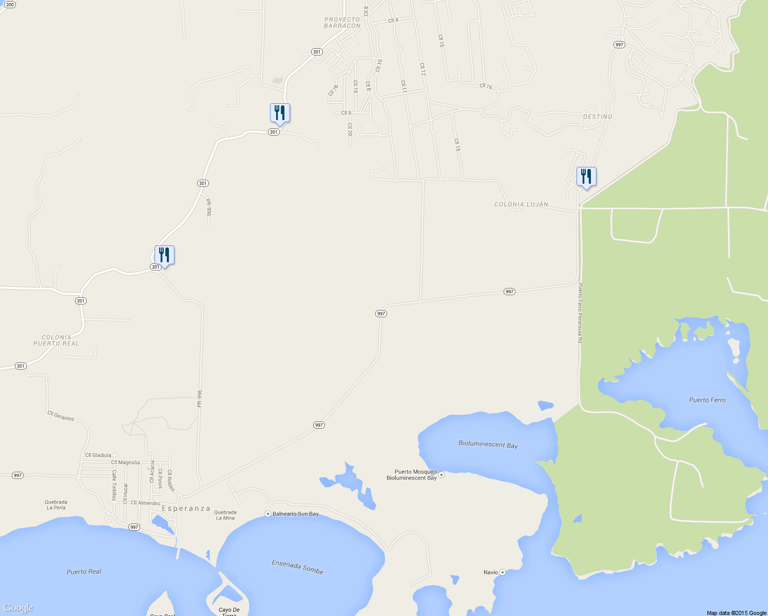map of restaurants, bars, coffee shops, grocery stores, and more near Puerto Rico 997 in Vieques