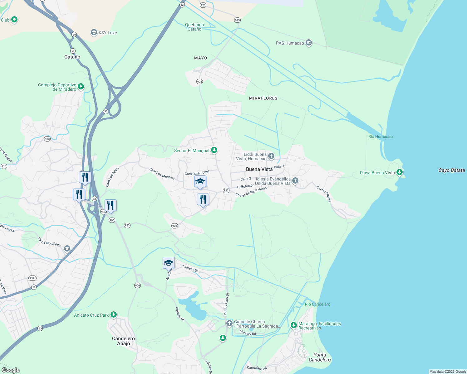 map of restaurants, bars, coffee shops, grocery stores, and more near Calle 3 in Humacao
