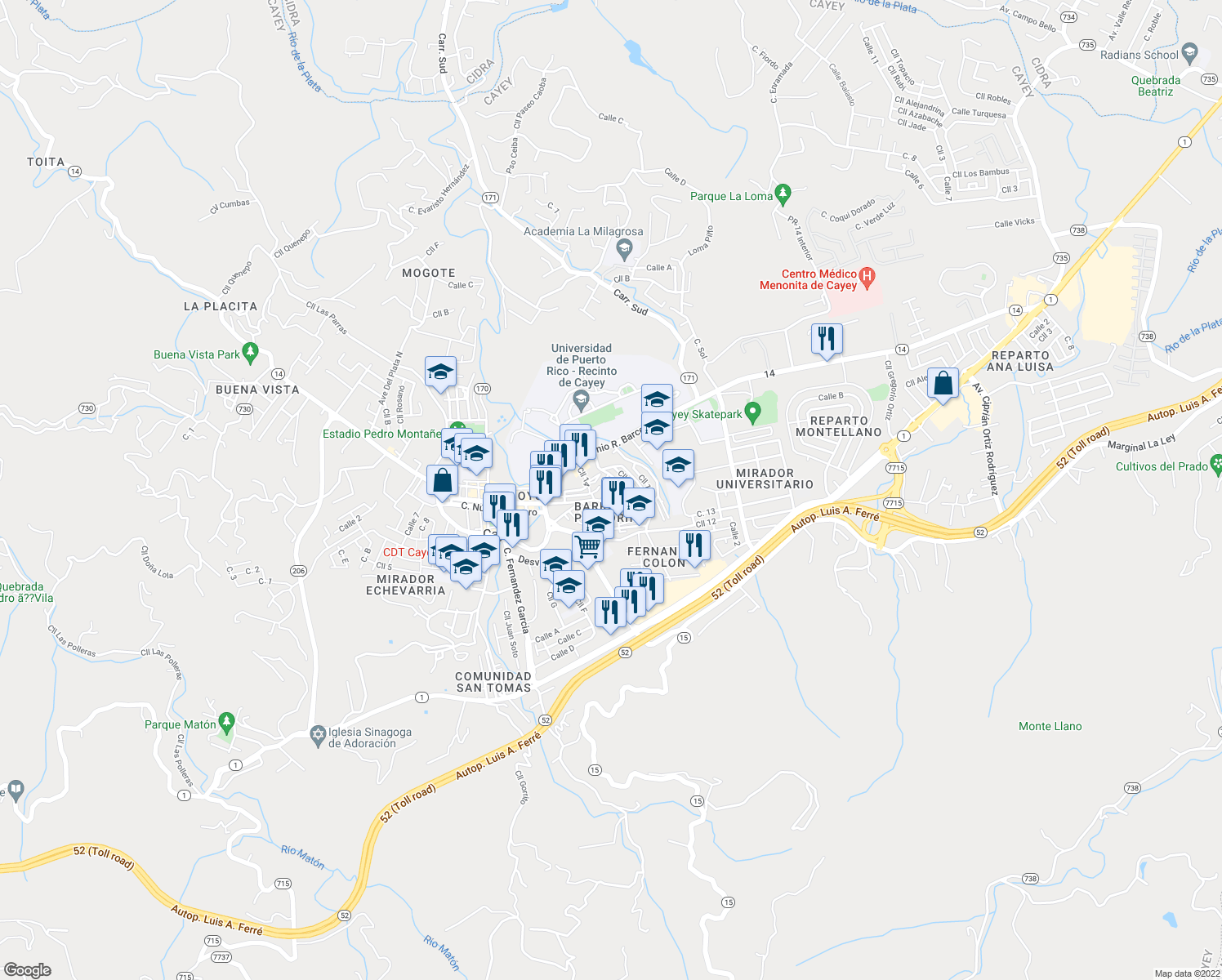 map of restaurants, bars, coffee shops, grocery stores, and more near 2-26 Calle Villa Cañona in Cayey