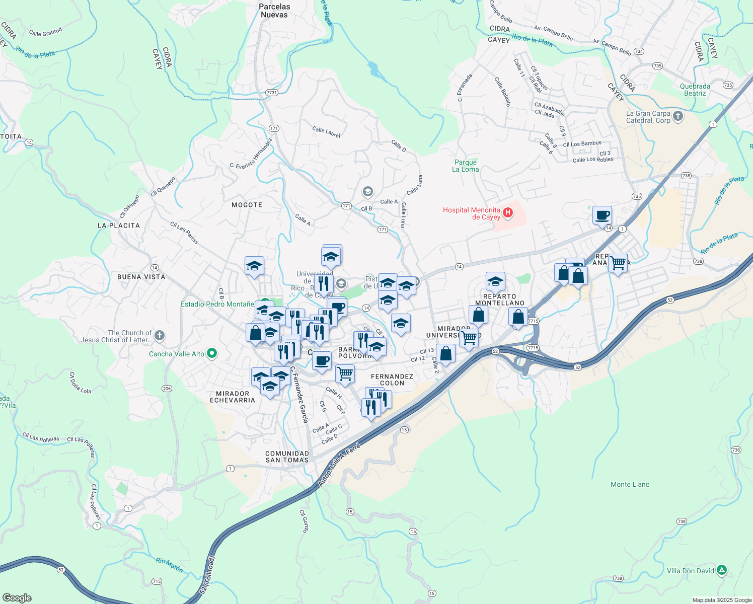 map of restaurants, bars, coffee shops, grocery stores, and more near State Route 14 in Cayey
