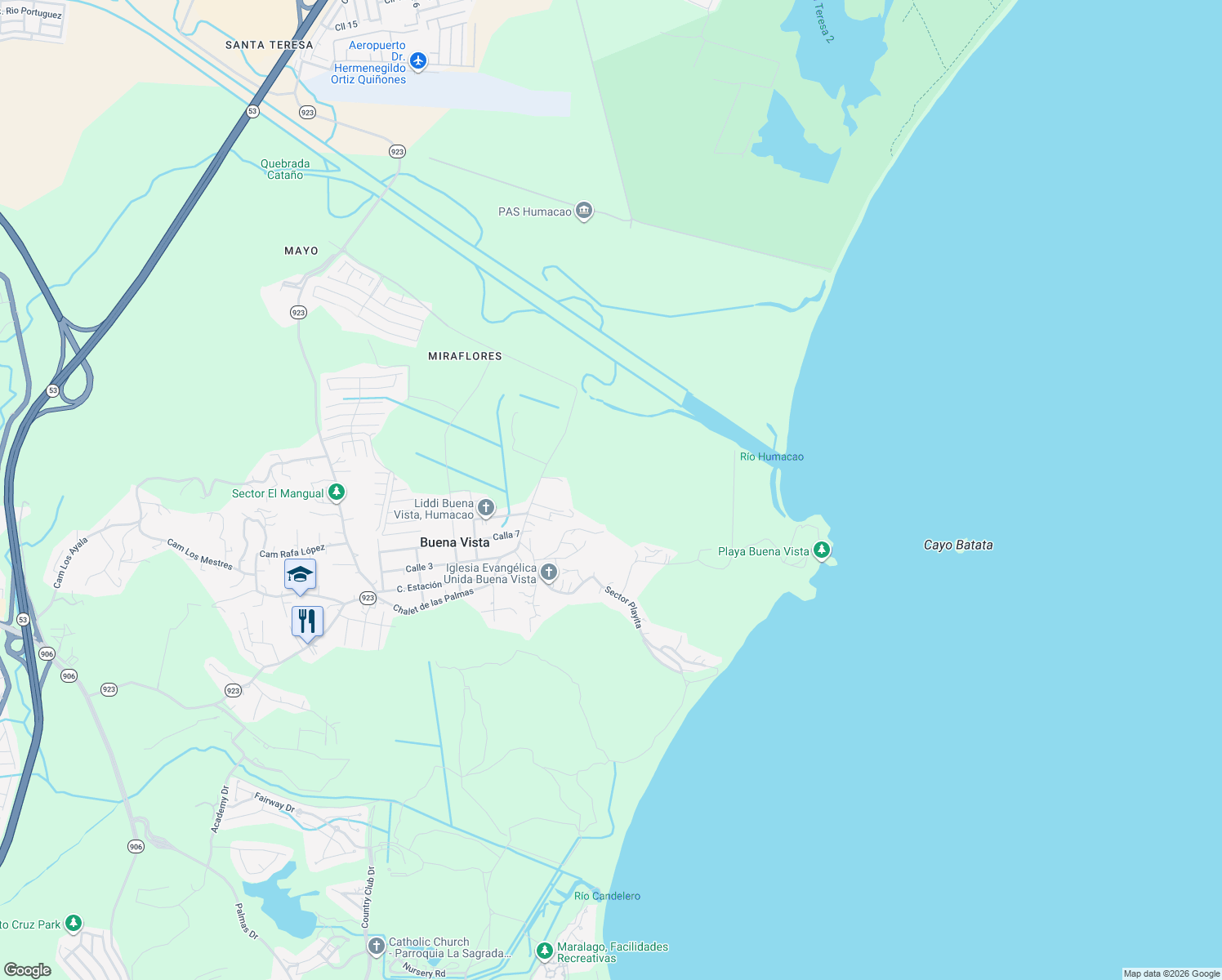 map of restaurants, bars, coffee shops, grocery stores, and more near Camino Los Vellon in Humacao