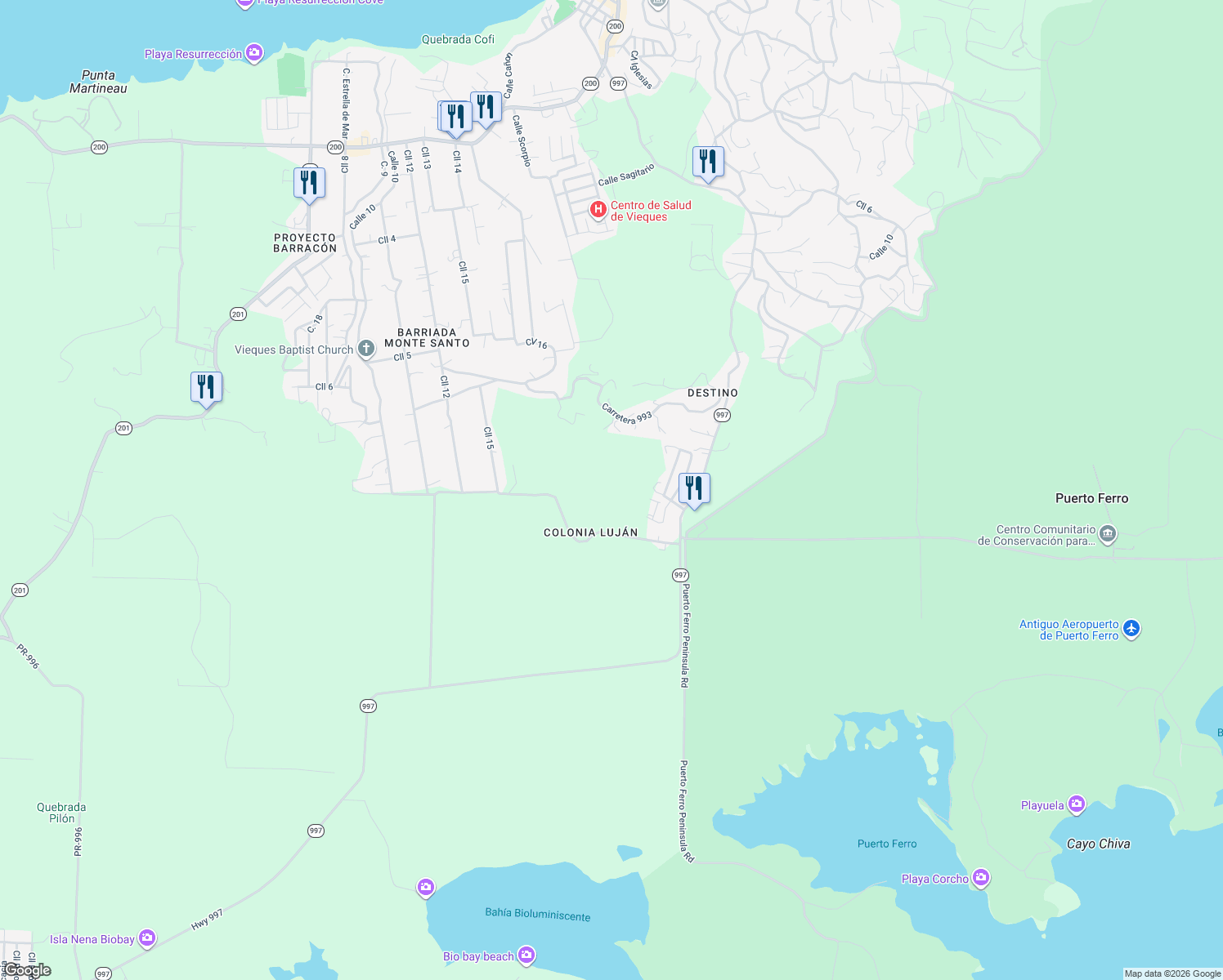 map of restaurants, bars, coffee shops, grocery stores, and more near Unnamed Road in Vieques