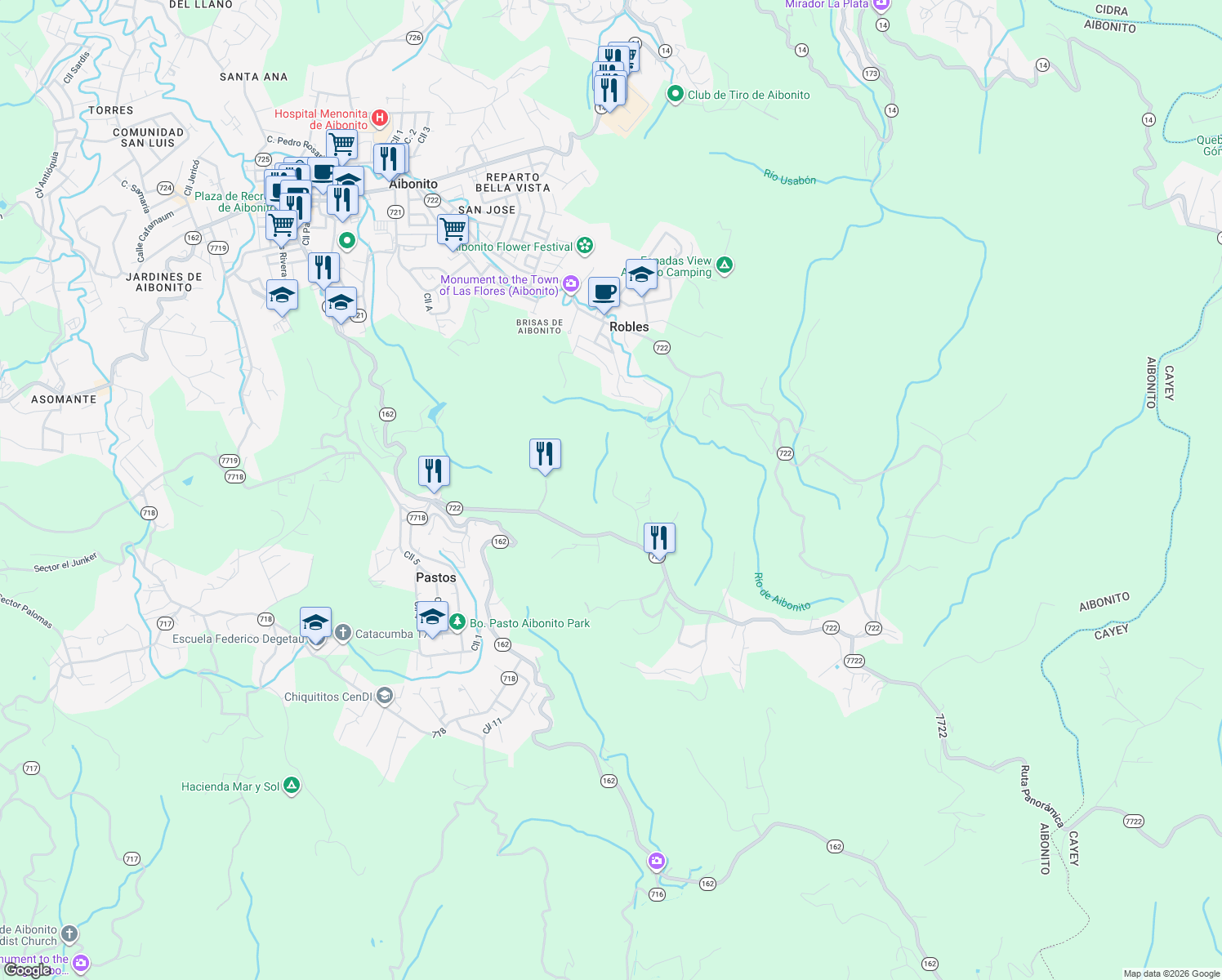 map of restaurants, bars, coffee shops, grocery stores, and more near Calle El Capitan #1 in Aibonito