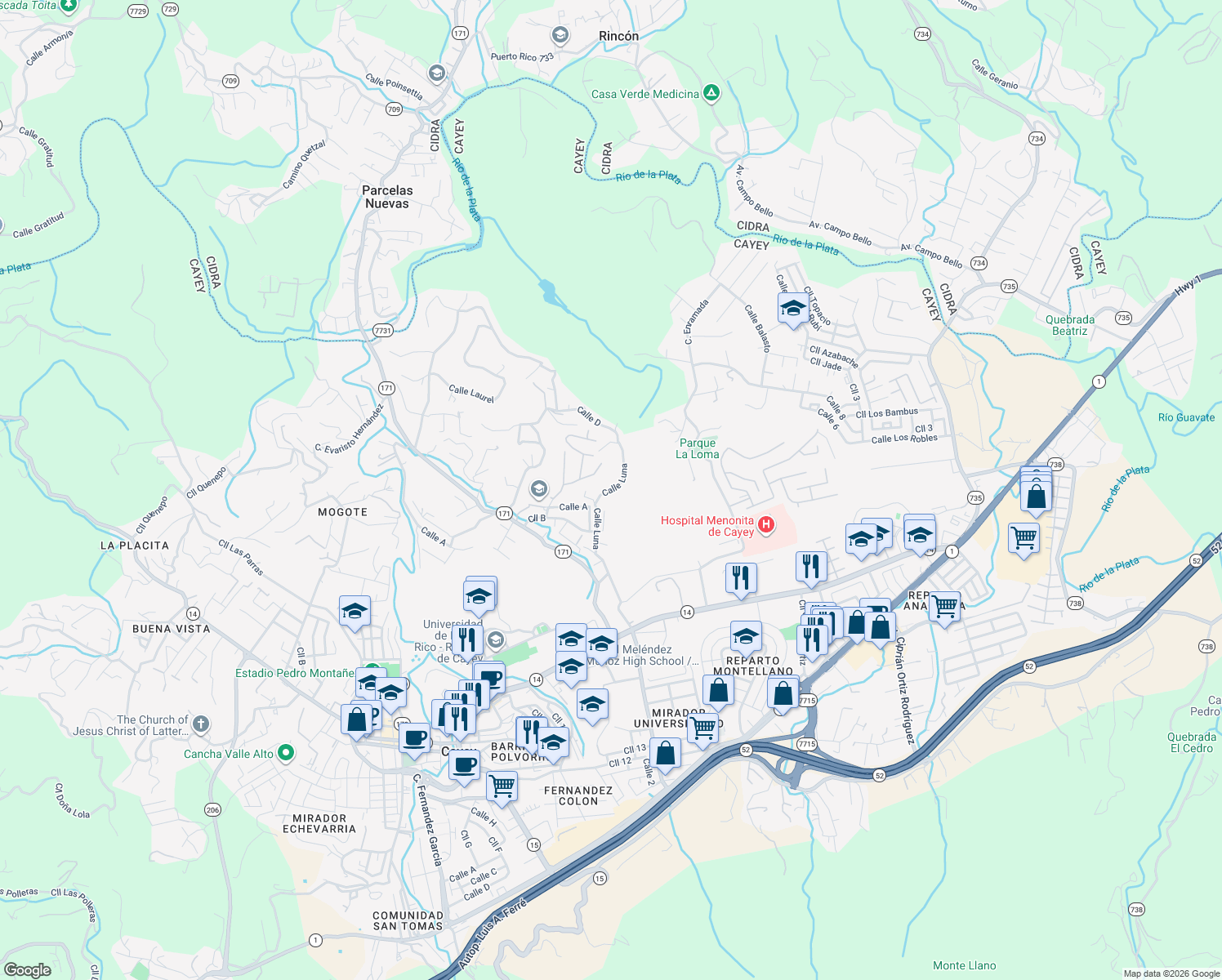map of restaurants, bars, coffee shops, grocery stores, and more near Loma Pilfo in Cayey