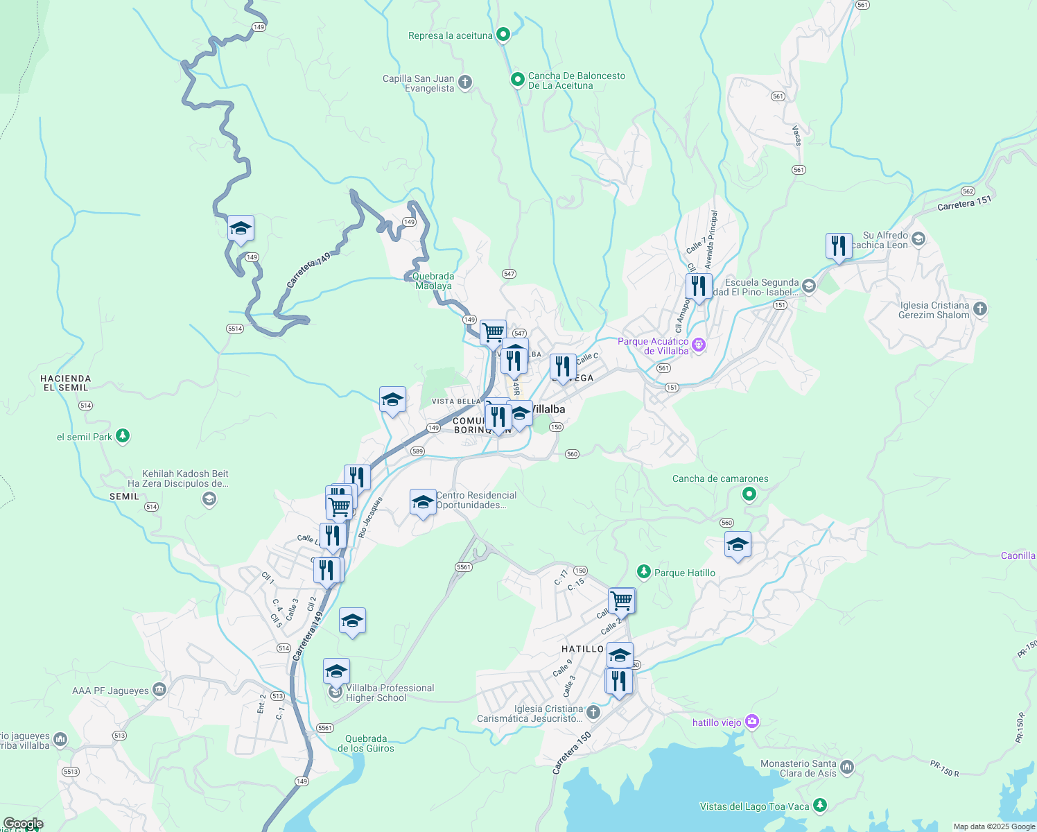 map of restaurants, bars, coffee shops, grocery stores, and more near 26 Calle Luis Munoz Rivera in Villalba