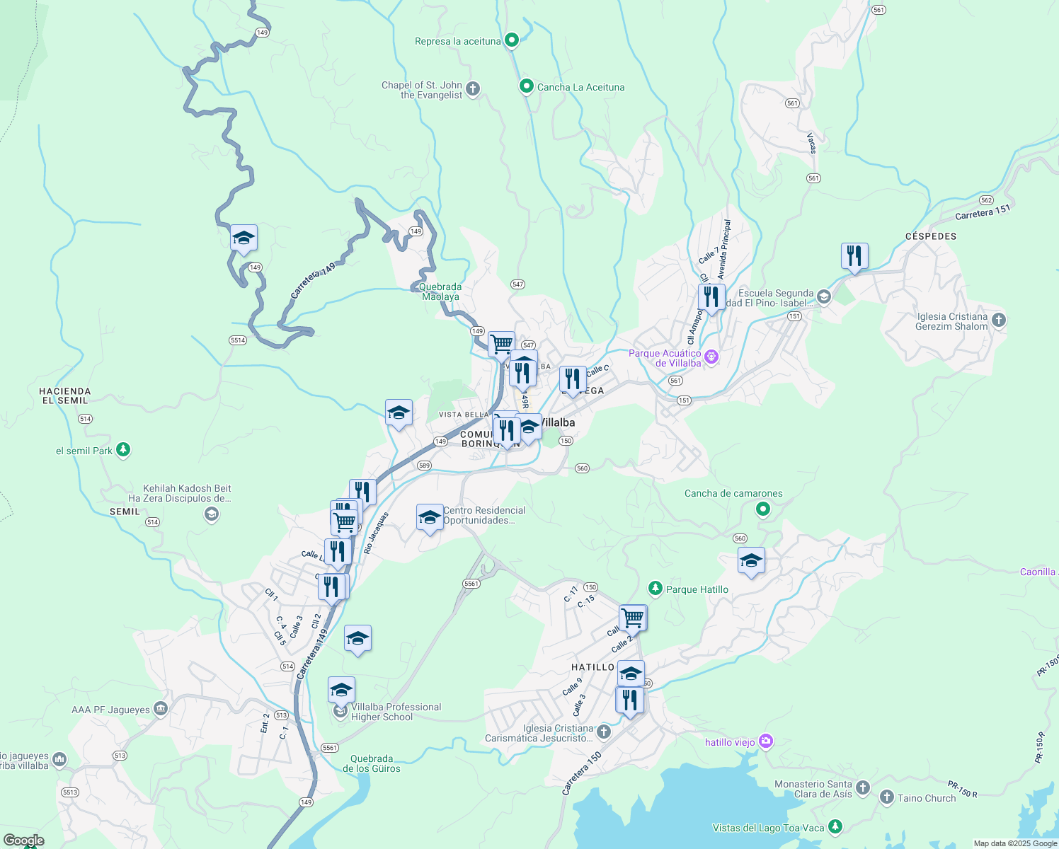 map of restaurants, bars, coffee shops, grocery stores, and more near 26 Calle Luis Munoz Rivera in Villalba