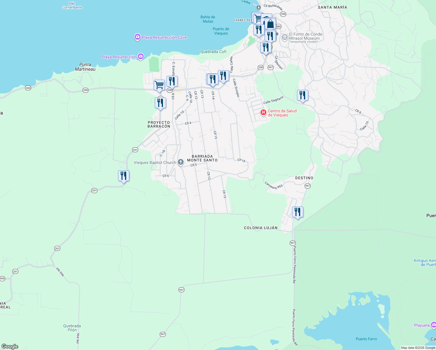 map of restaurants, bars, coffee shops, grocery stores, and more near Calle 15 in Vieques