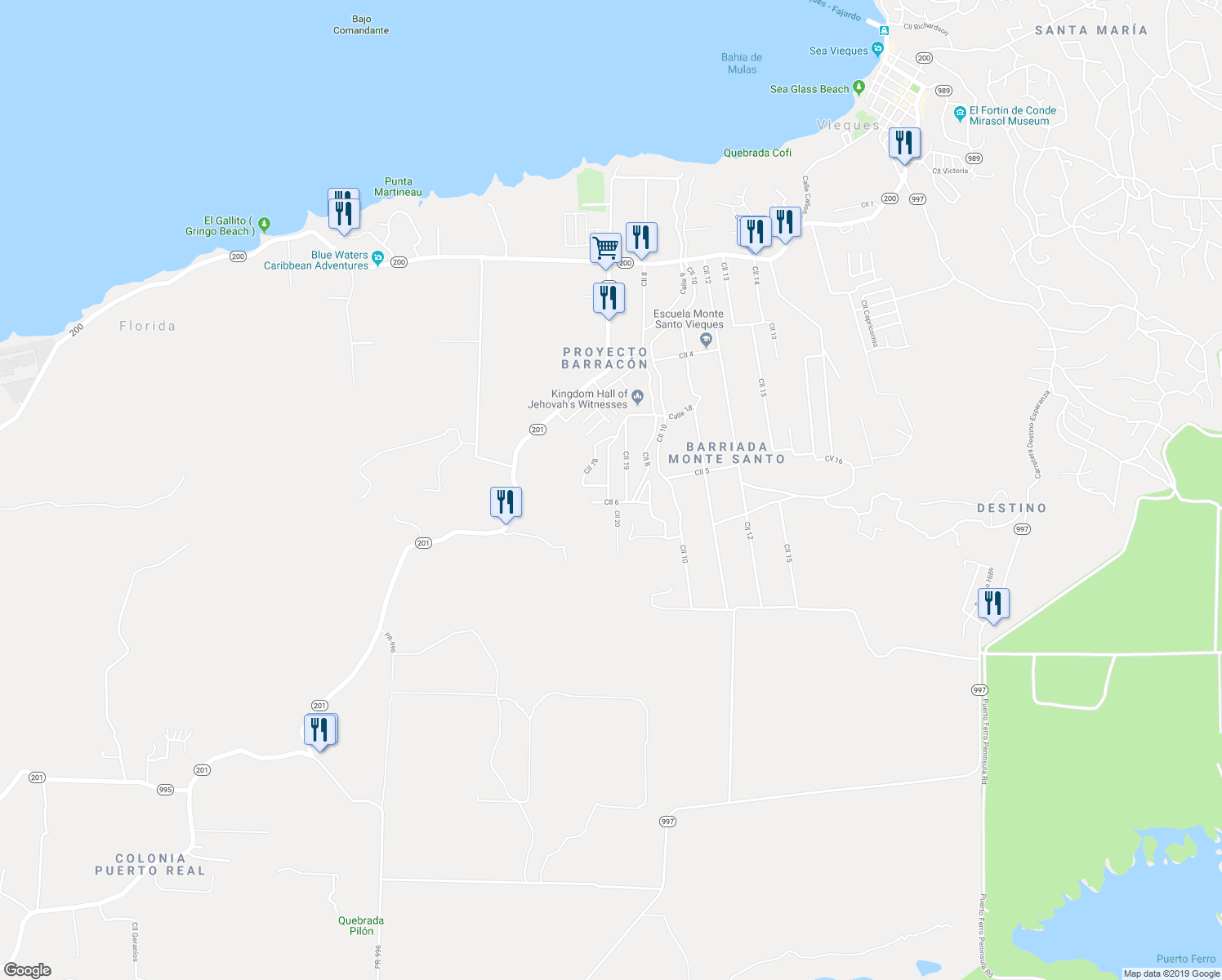 map of restaurants, bars, coffee shops, grocery stores, and more near Calle 6 in Vieques