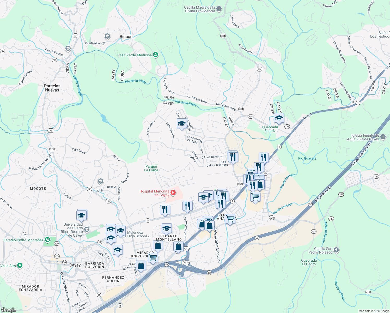 map of restaurants, bars, coffee shops, grocery stores, and more near Calle 9 in Cayey