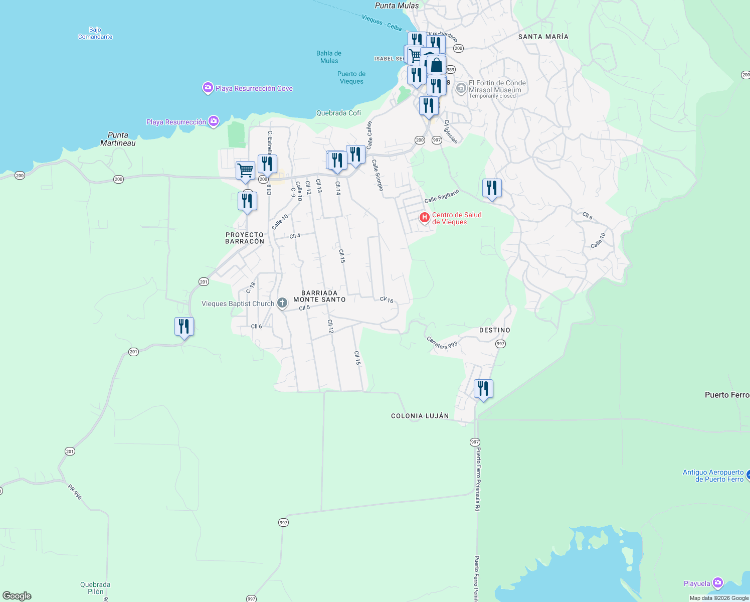 map of restaurants, bars, coffee shops, grocery stores, and more near Calle 16 in Vieques