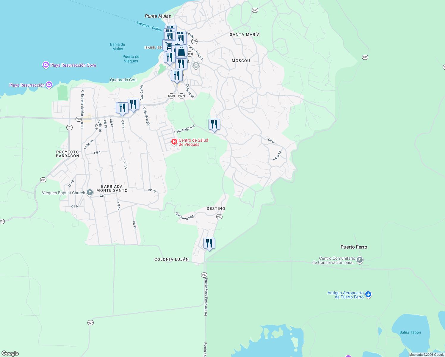 map of restaurants, bars, coffee shops, grocery stores, and more near Carr Destino-Esperanza in Vieques