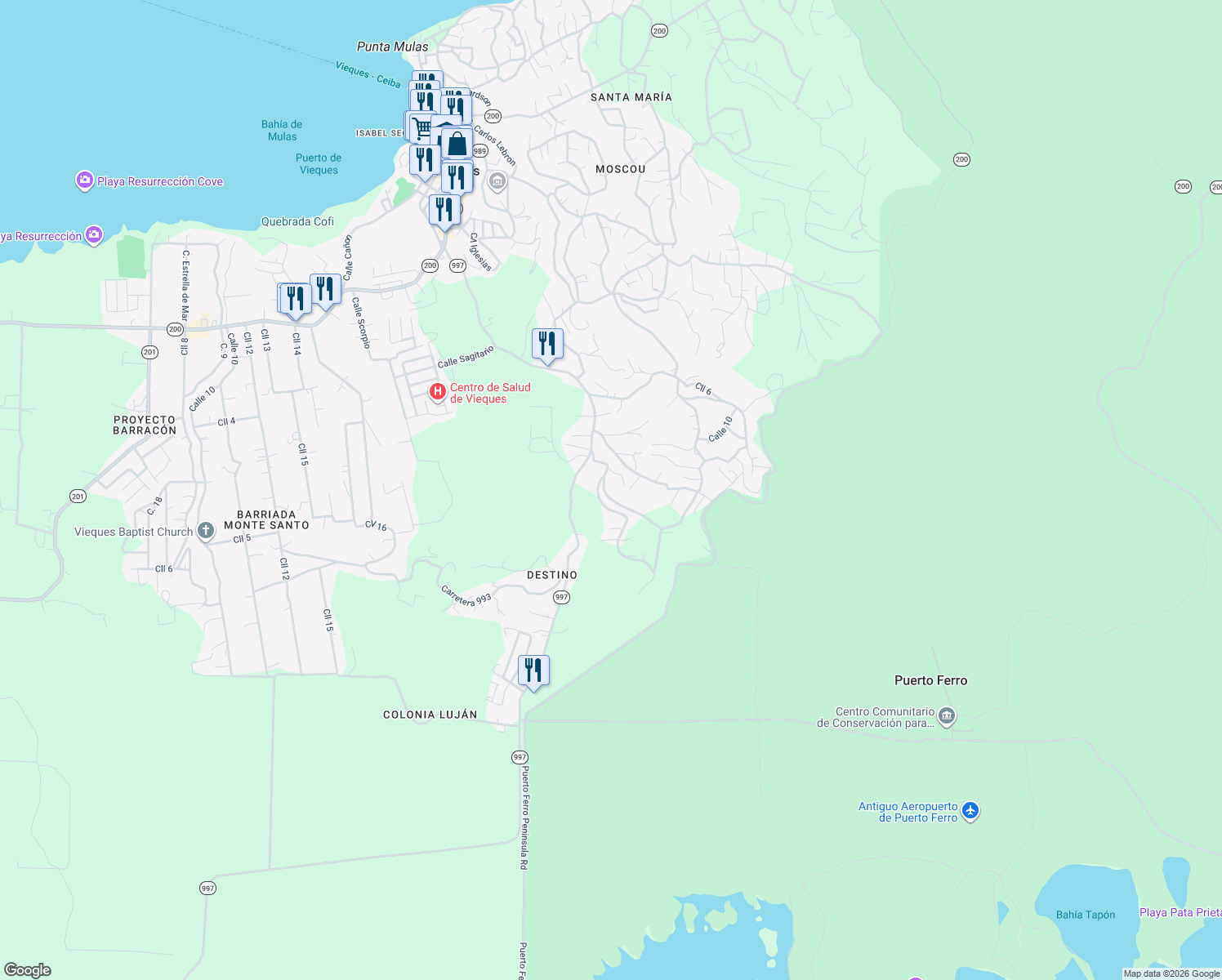 map of restaurants, bars, coffee shops, grocery stores, and more near Carr Destino-Esperanza in Vieques