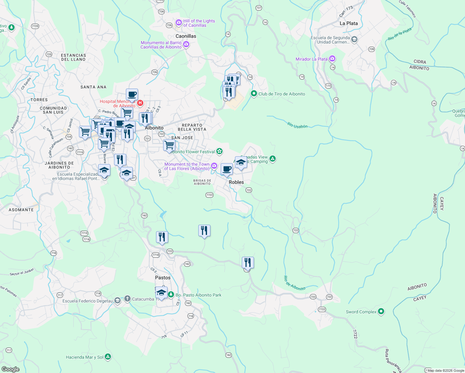 map of restaurants, bars, coffee shops, grocery stores, and more near in Robles