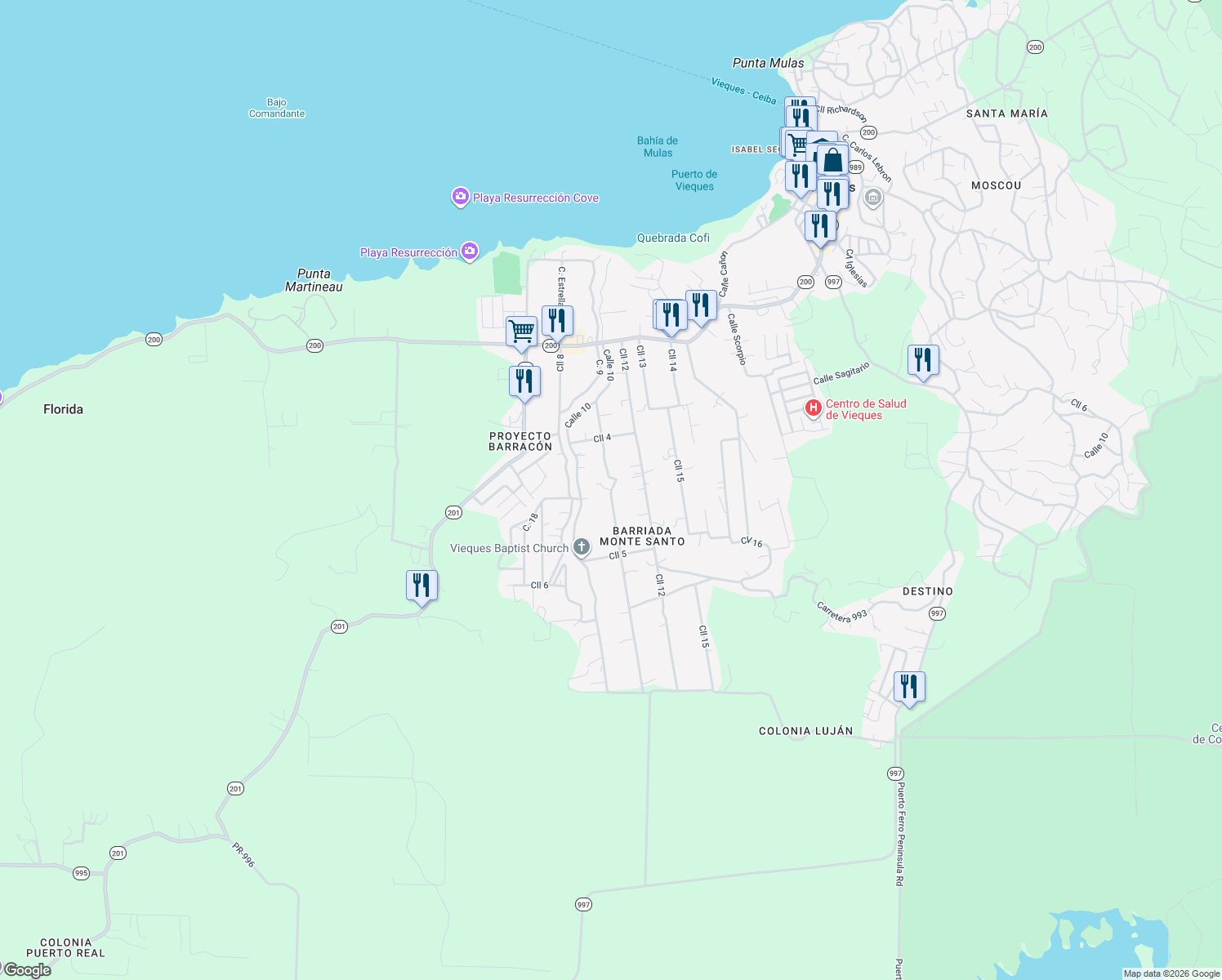 map of restaurants, bars, coffee shops, grocery stores, and more near Camino Vecinal in Florida