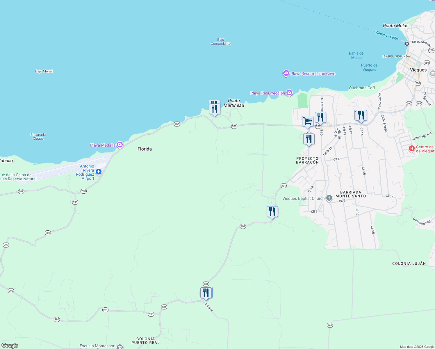 map of restaurants, bars, coffee shops, grocery stores, and more near in Florida, Vieques, Puerto Rico