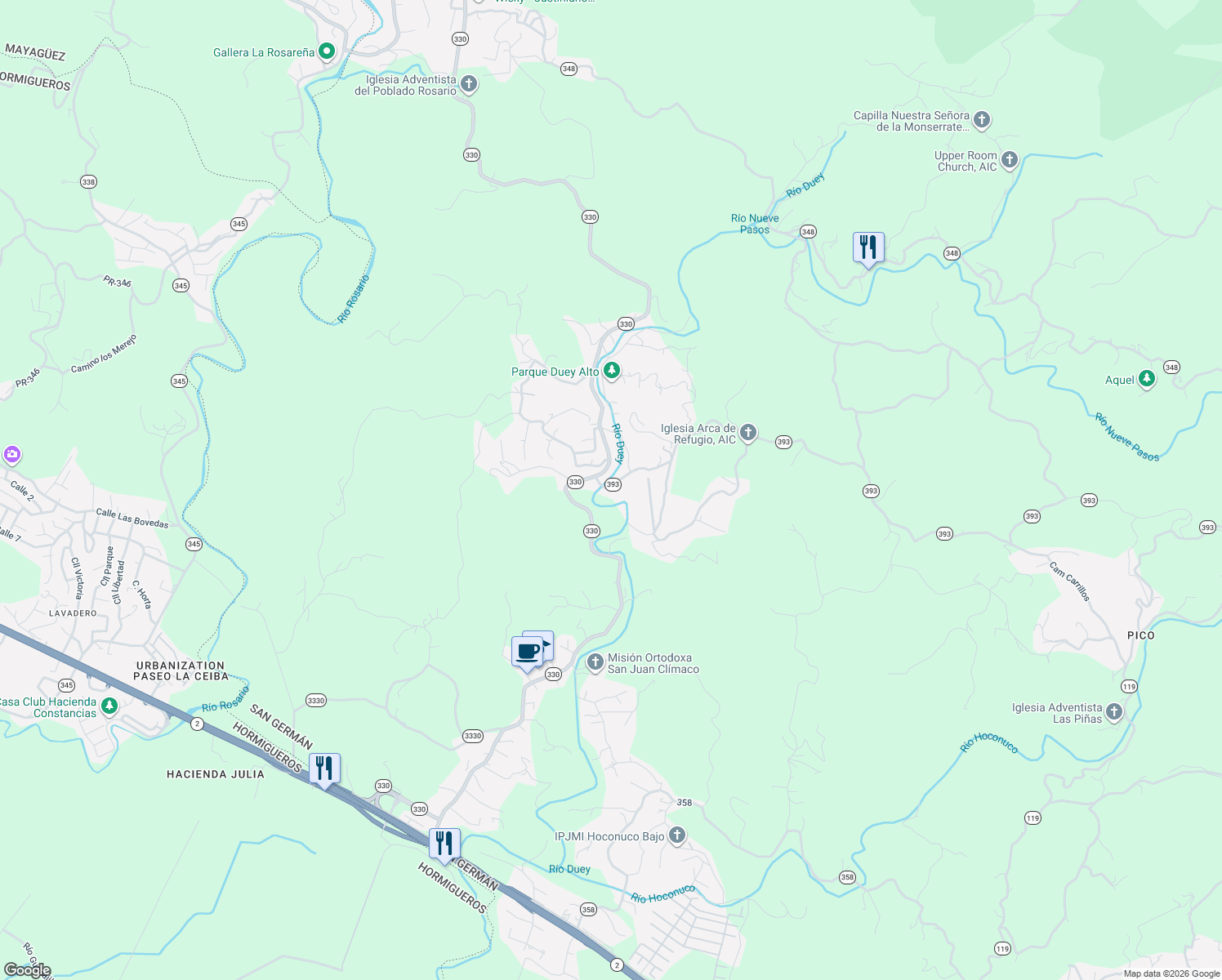 map of restaurants, bars, coffee shops, grocery stores, and more near Puerto Rico 393 in San Germán