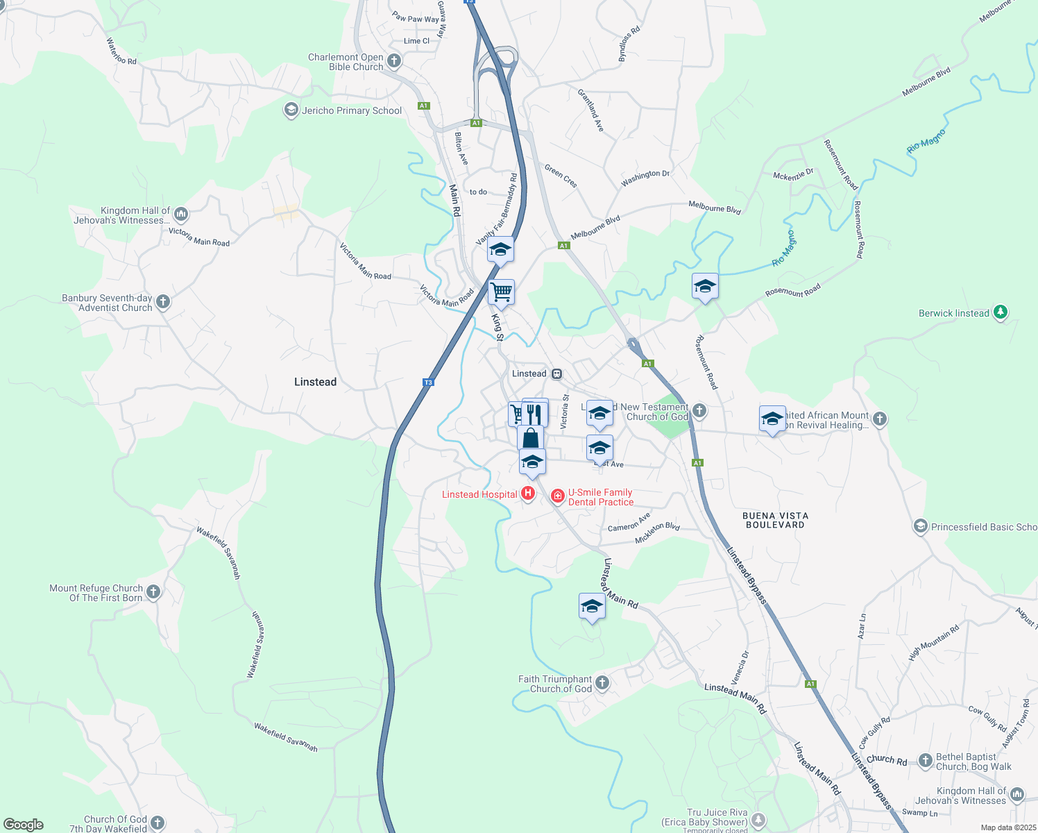 map of restaurants, bars, coffee shops, grocery stores, and more near Kings Street in Linstead