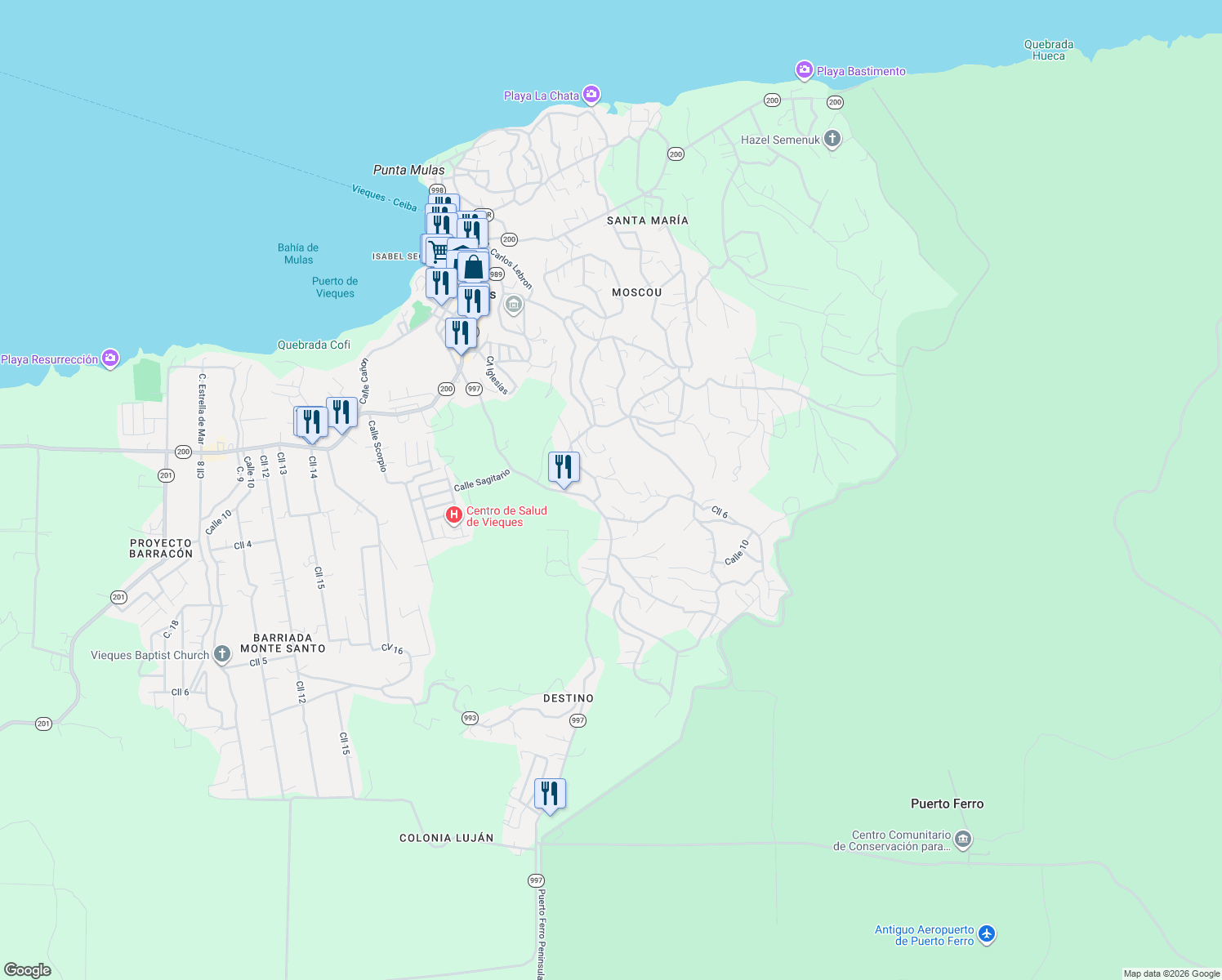 map of restaurants, bars, coffee shops, grocery stores, and more near Carr Destino-Esperanza in Vieques