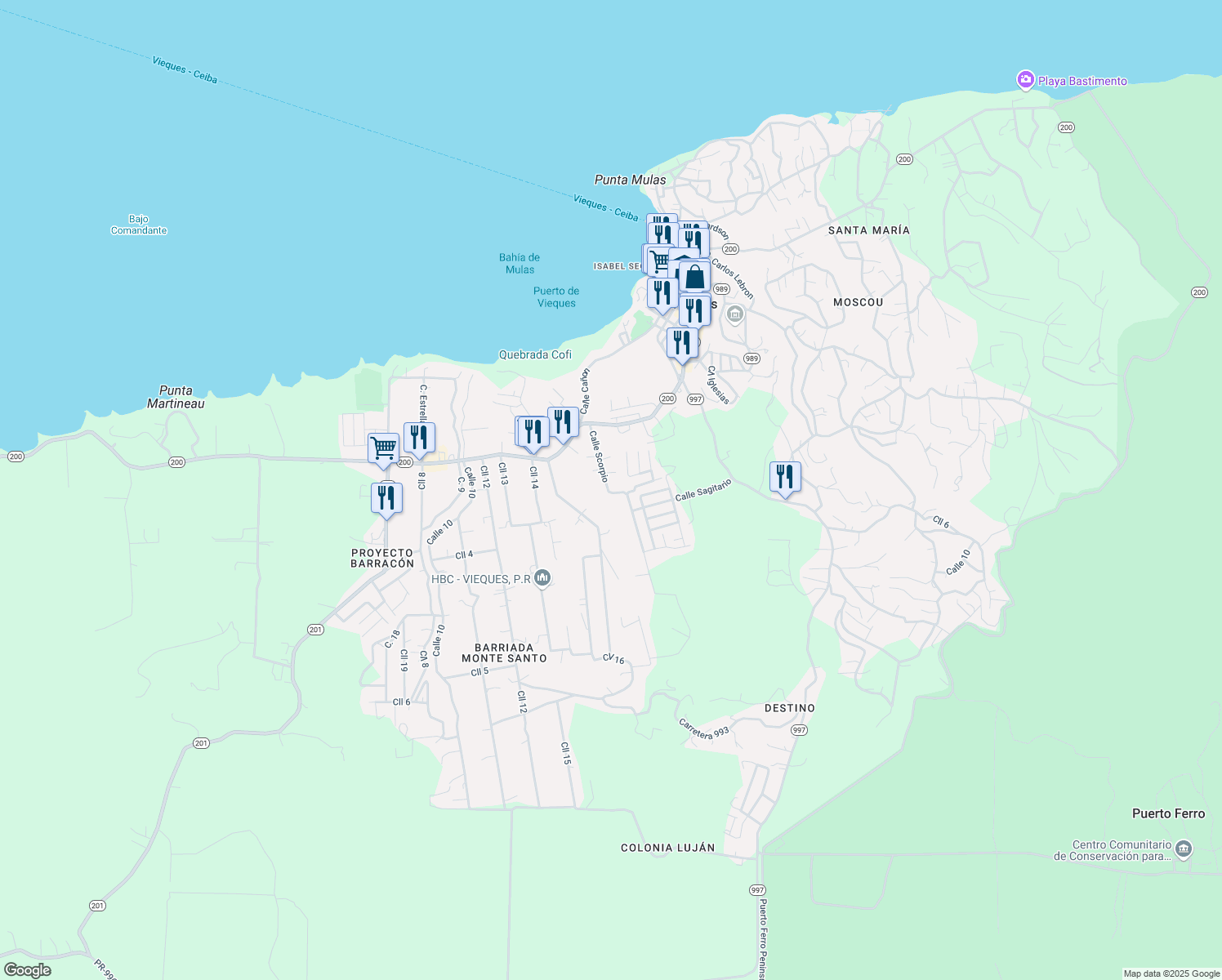 map of restaurants, bars, coffee shops, grocery stores, and more near Calle Sagitario in Vieques