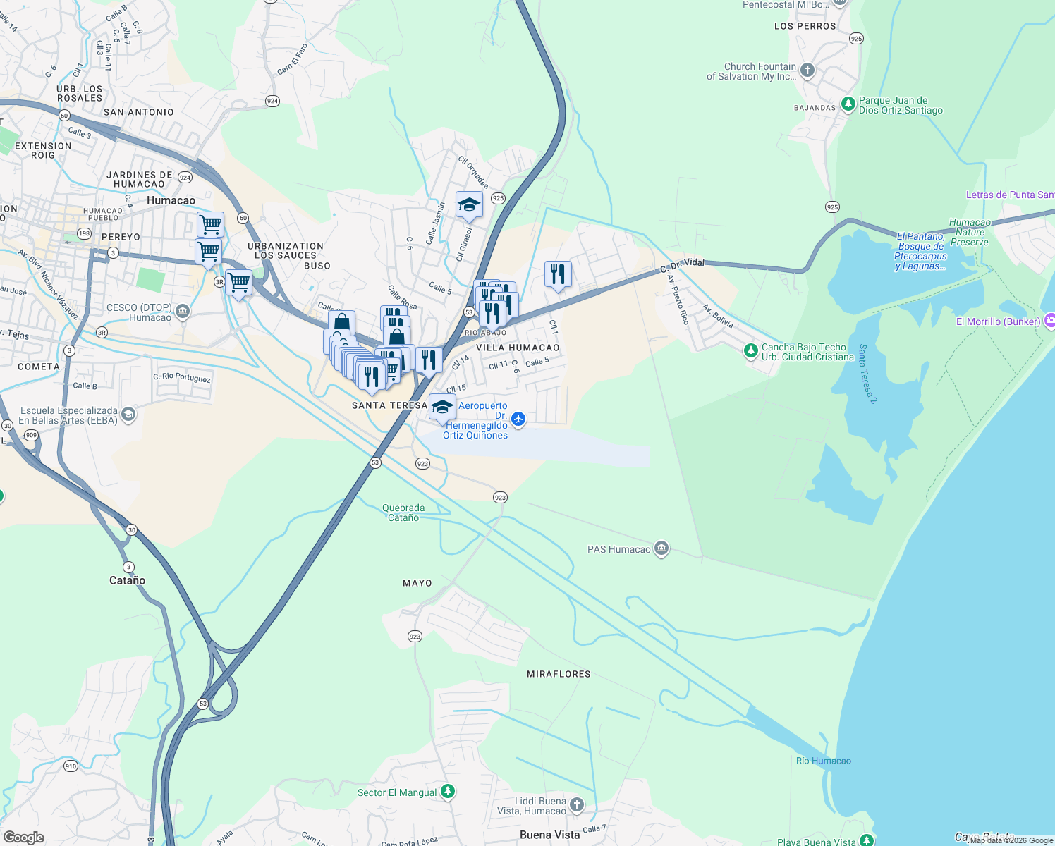 map of restaurants, bars, coffee shops, grocery stores, and more near in Humacao