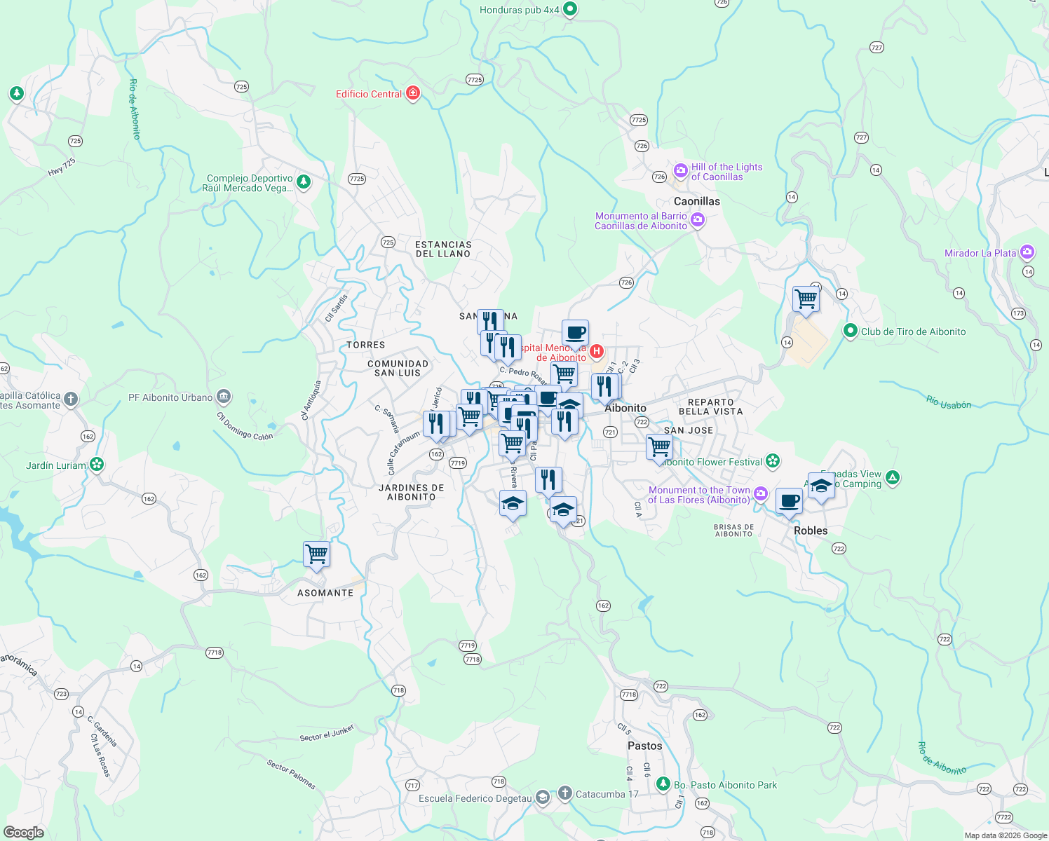 map of restaurants, bars, coffee shops, grocery stores, and more near in Aibonito