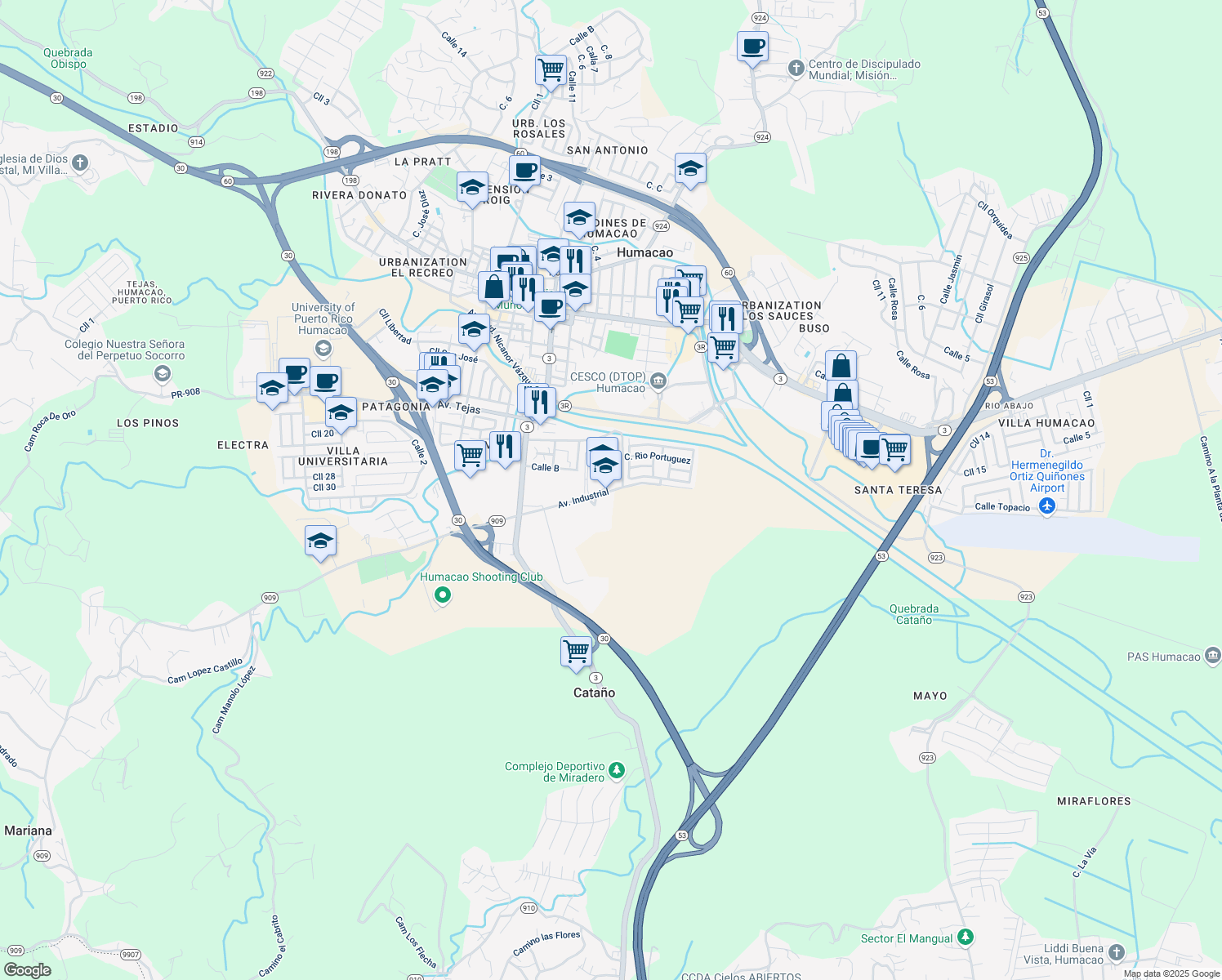 map of restaurants, bars, coffee shops, grocery stores, and more near in Humacao