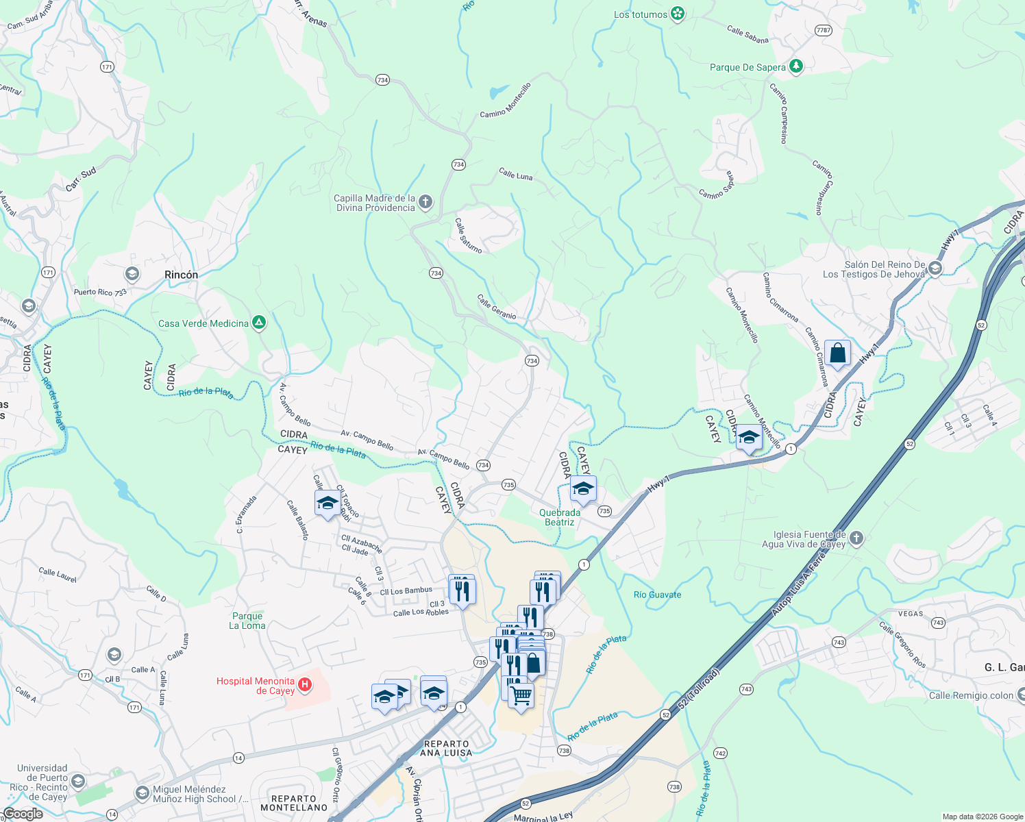 map of restaurants, bars, coffee shops, grocery stores, and more near in Parcelas Nuevas