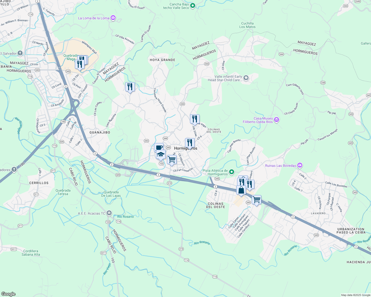 map of restaurants, bars, coffee shops, grocery stores, and more near PR-3344 in Hormigueros