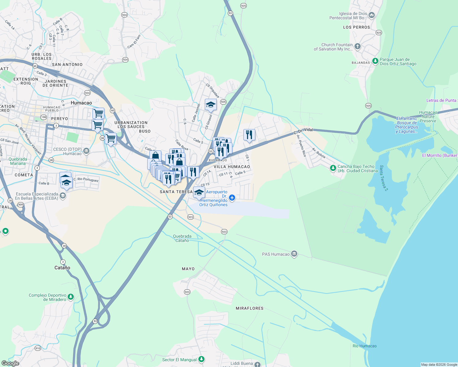 map of restaurants, bars, coffee shops, grocery stores, and more near Calle Opalo in Humacao