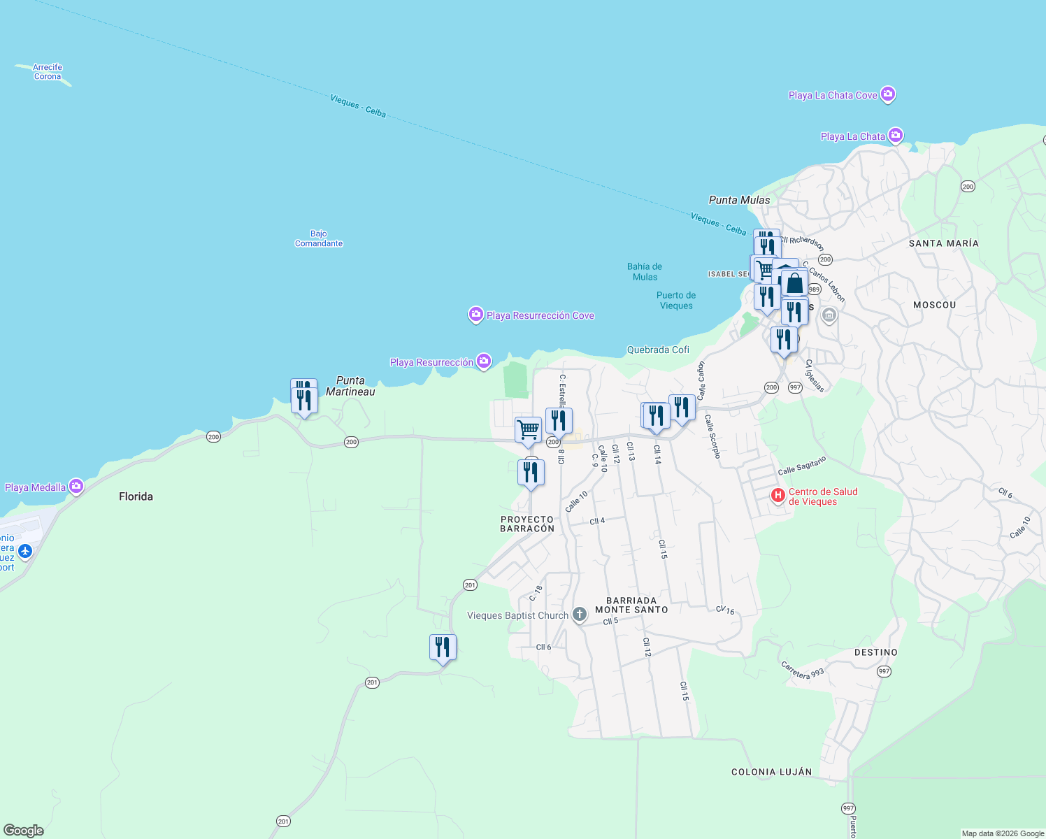 map of restaurants, bars, coffee shops, grocery stores, and more near Highway 200 in Vieques