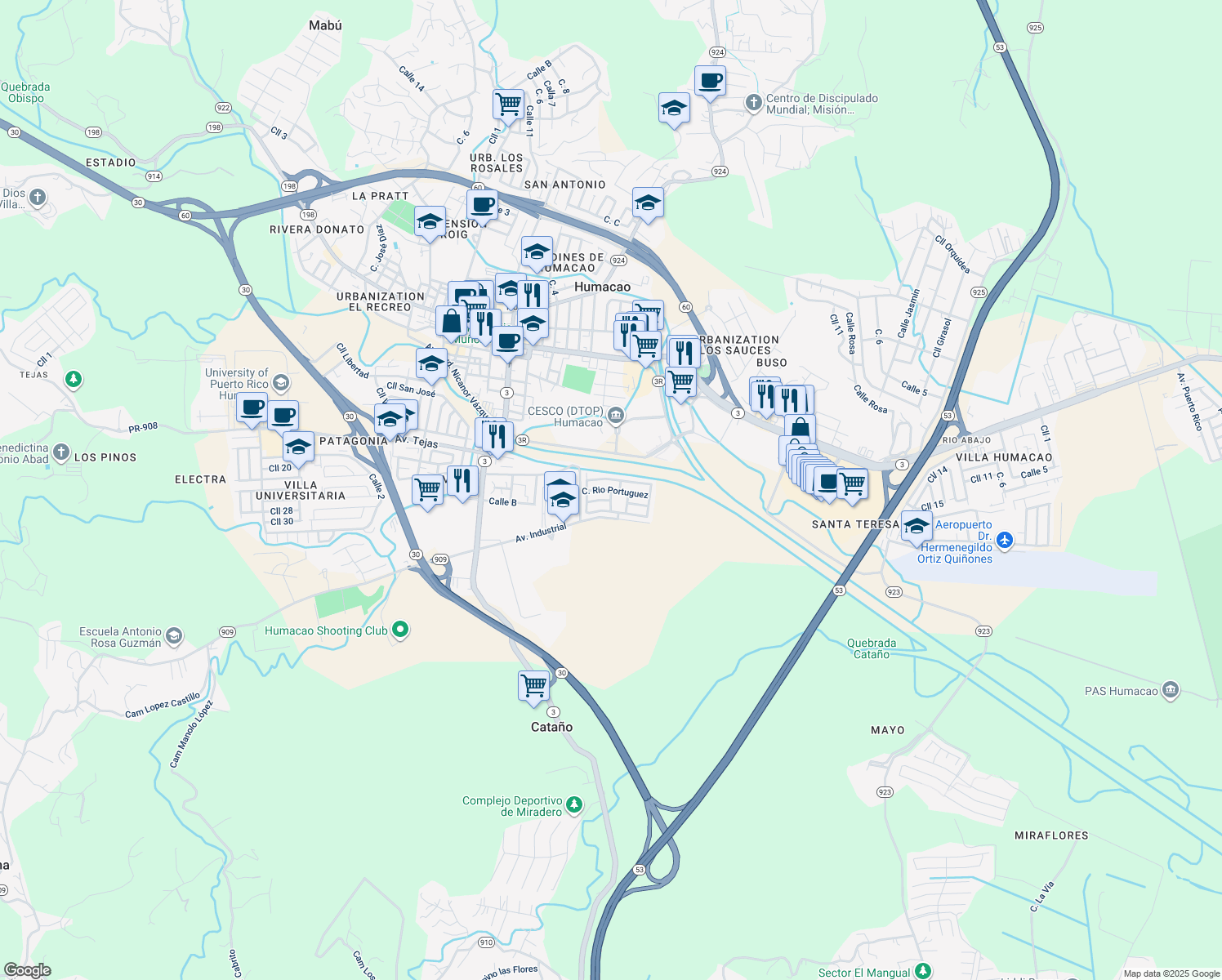 map of restaurants, bars, coffee shops, grocery stores, and more near Cll 8 in Humacao