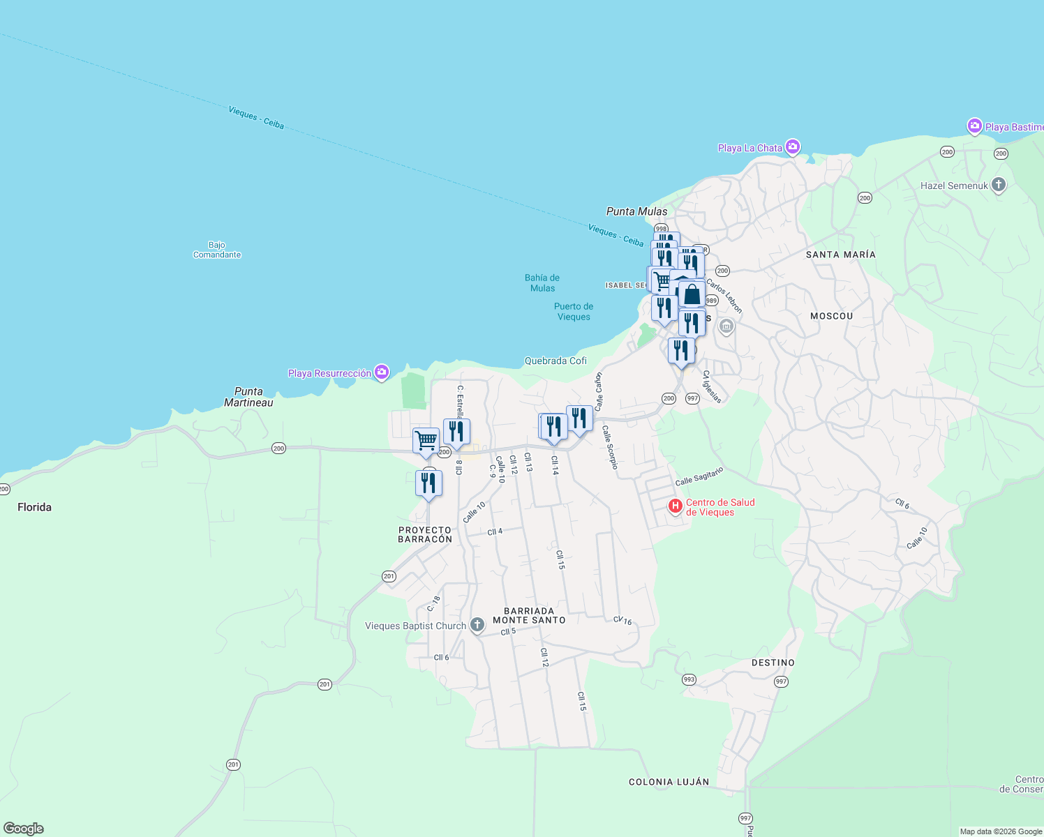 map of restaurants, bars, coffee shops, grocery stores, and more near Calle Saturno in Vieques