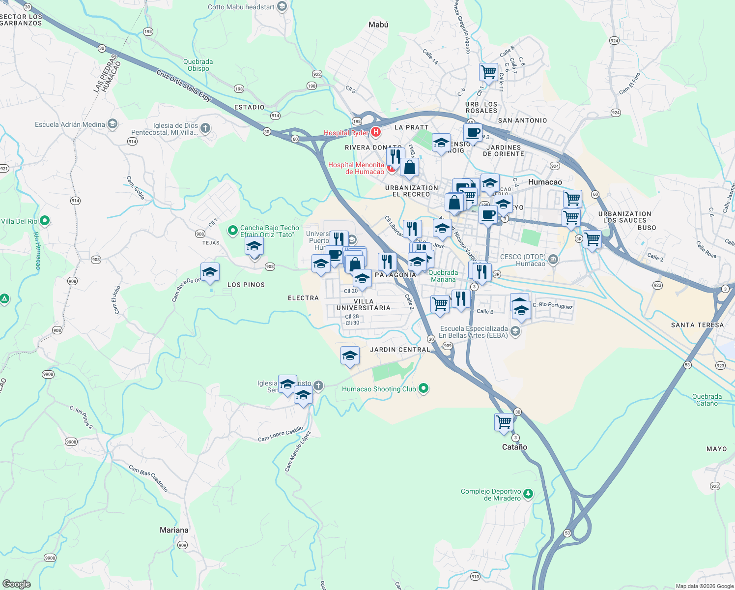 map of restaurants, bars, coffee shops, grocery stores, and more near in Humacao