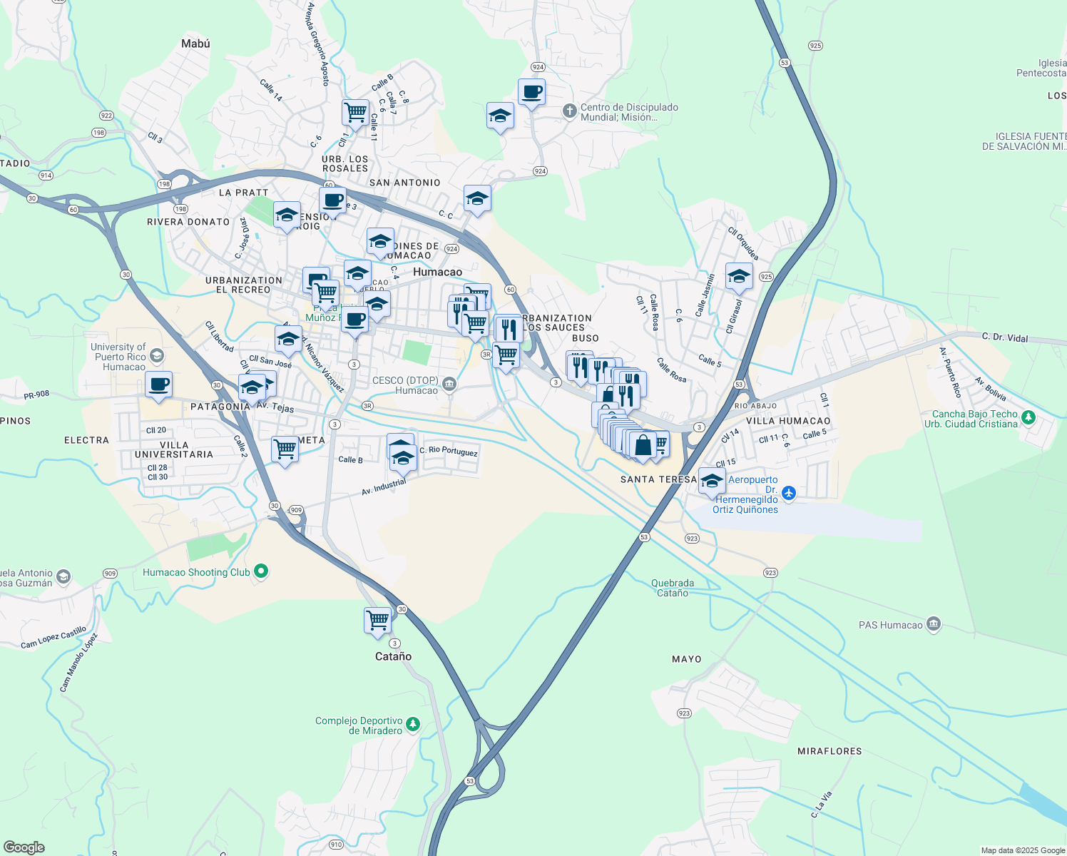 map of restaurants, bars, coffee shops, grocery stores, and more near Avenida Boulevard Nicanor Varquez in Humacao
