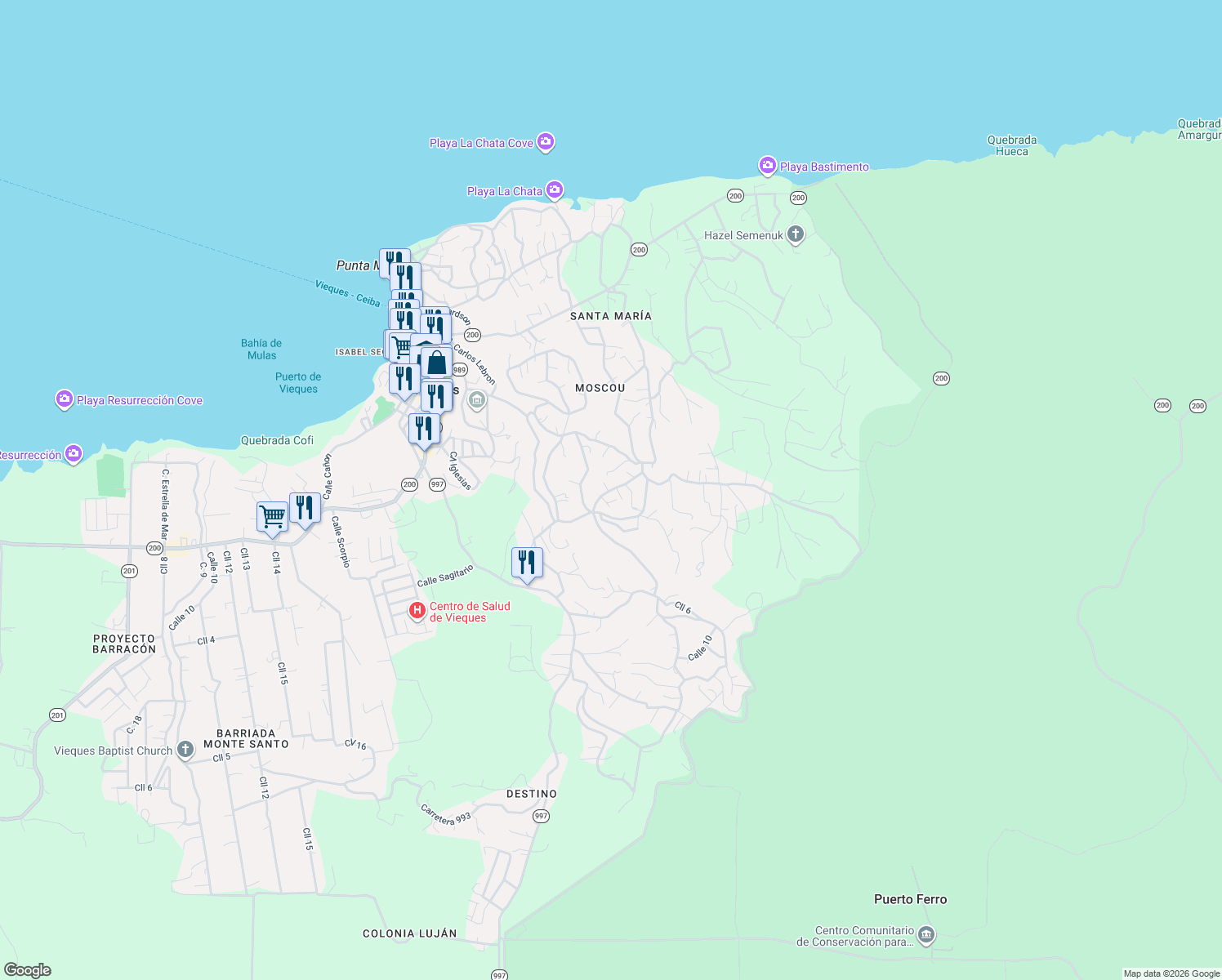 map of restaurants, bars, coffee shops, grocery stores, and more near Unnamed Road in Vieques