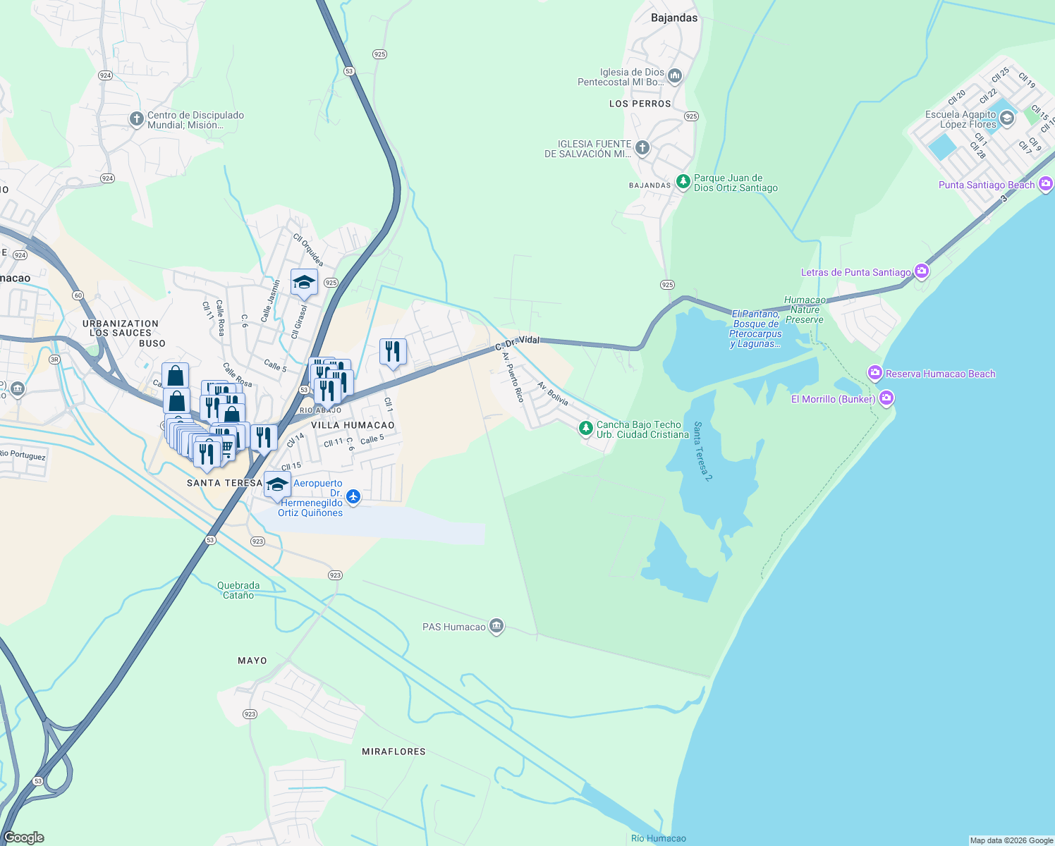map of restaurants, bars, coffee shops, grocery stores, and more near 183 Calle Brazil in Humacao