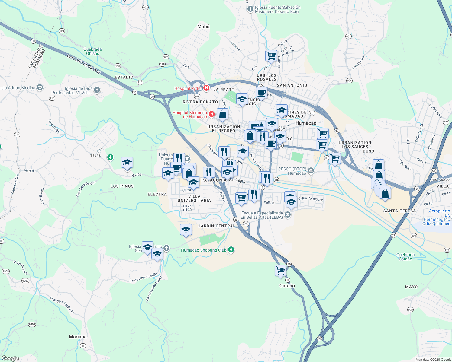 map of restaurants, bars, coffee shops, grocery stores, and more near Avenida Tejas in Humacao