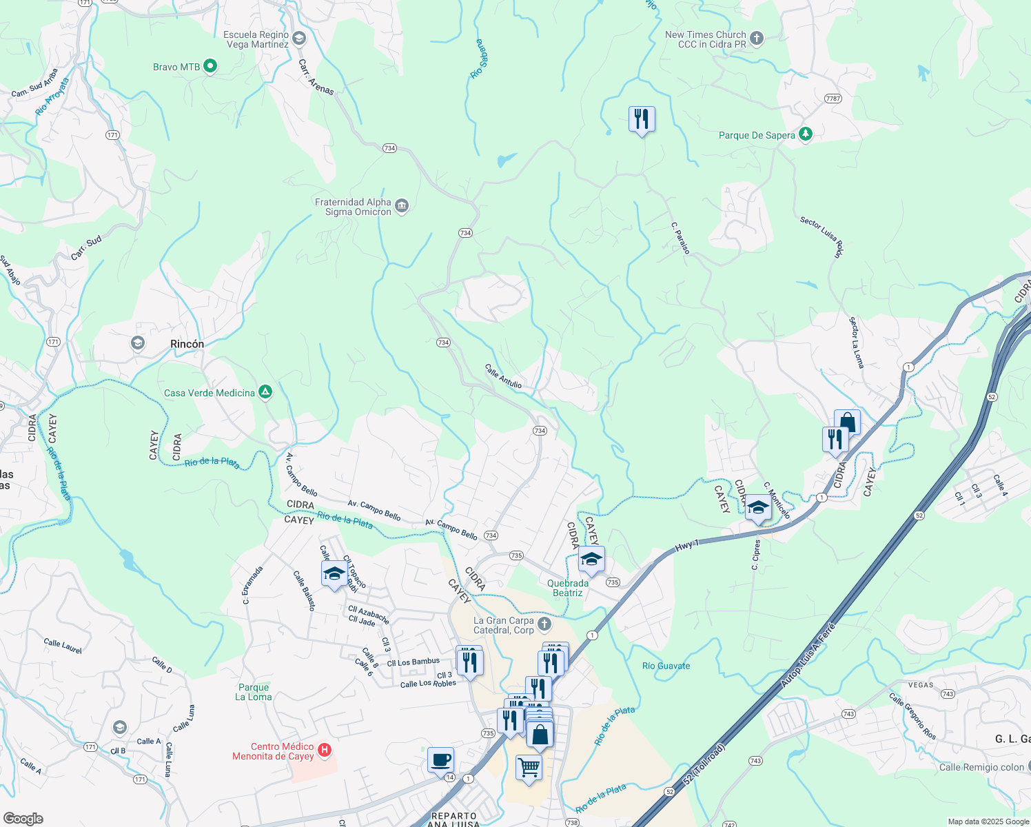 map of restaurants, bars, coffee shops, grocery stores, and more near in Parcelas Nuevas